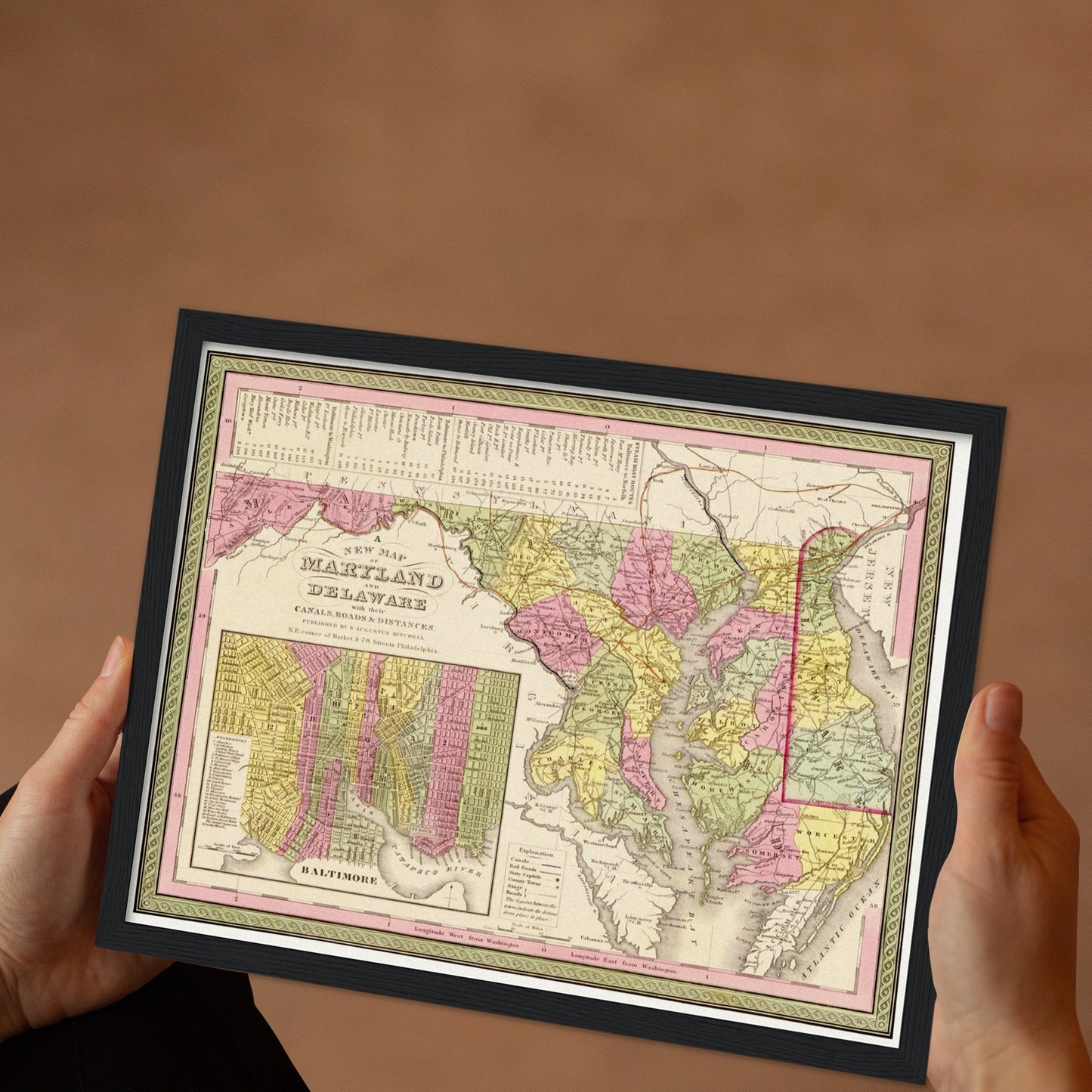 Historische Landkarte Delaware & Maryland um 1849