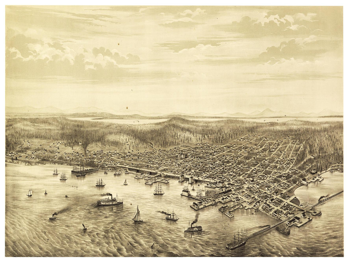Historische Stadtansicht Seattle um 1878