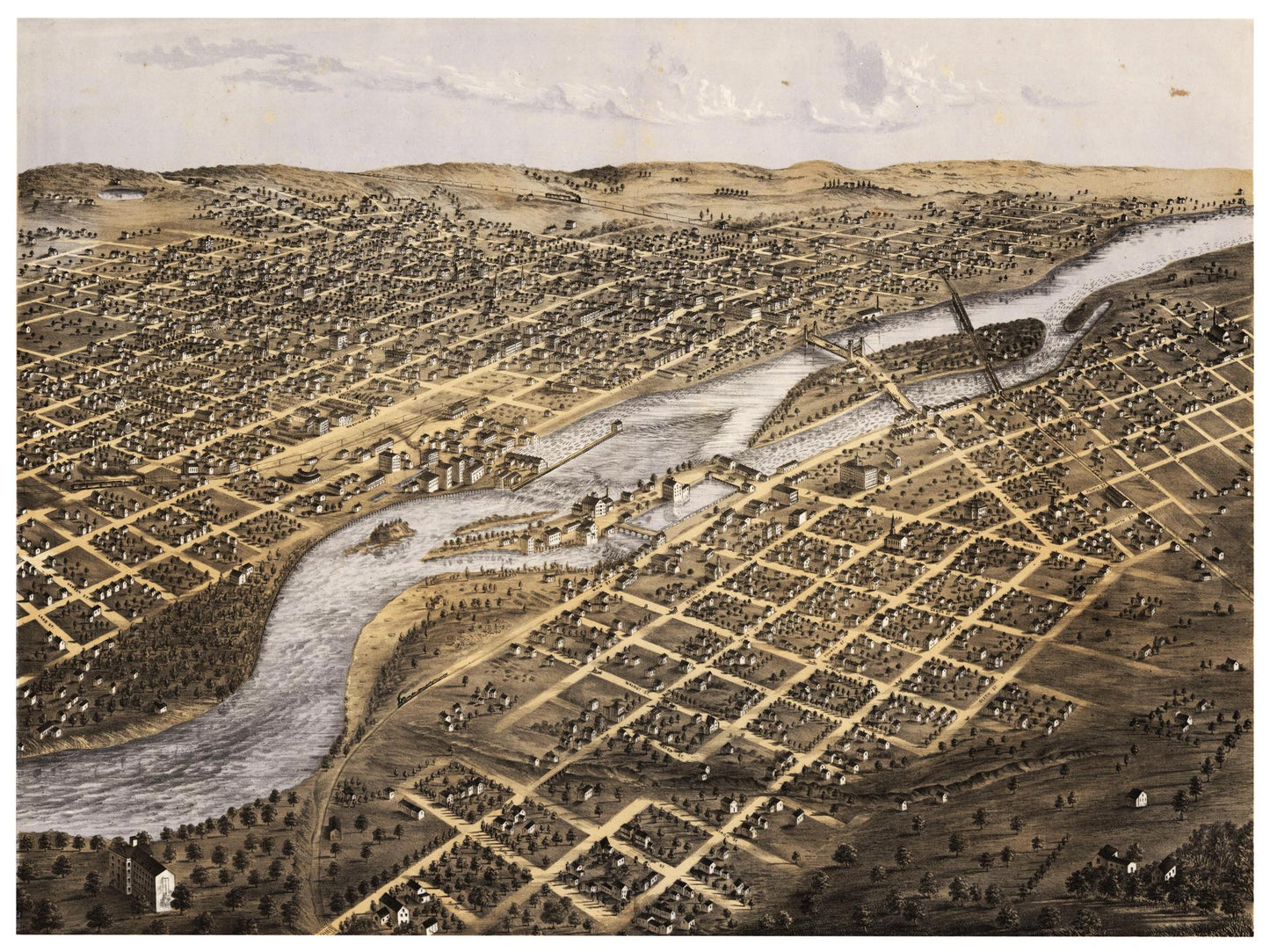 Historische Stadtansicht Minneapolis um 1867