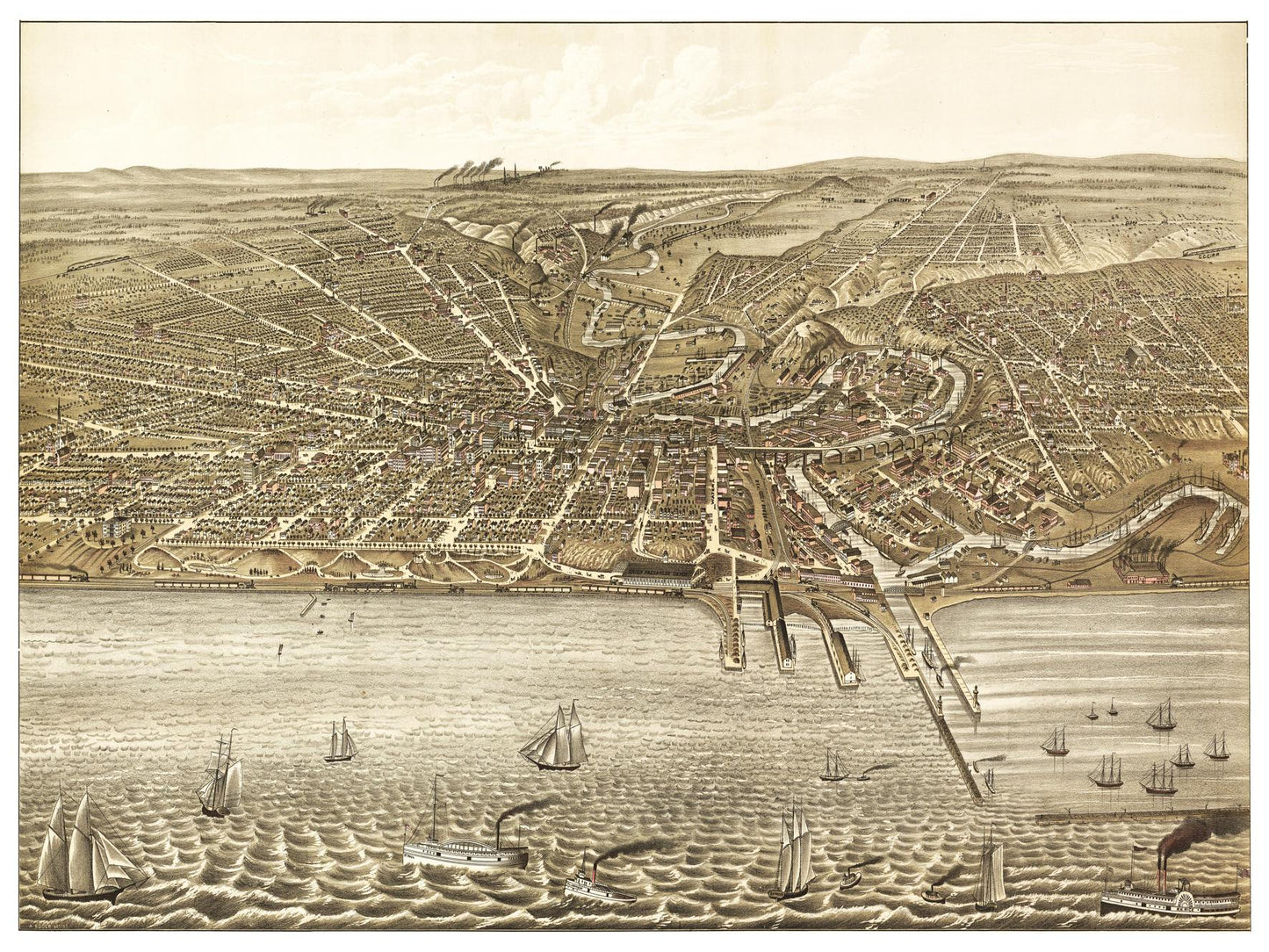 Historische Stadtansicht Cleveland um 1877