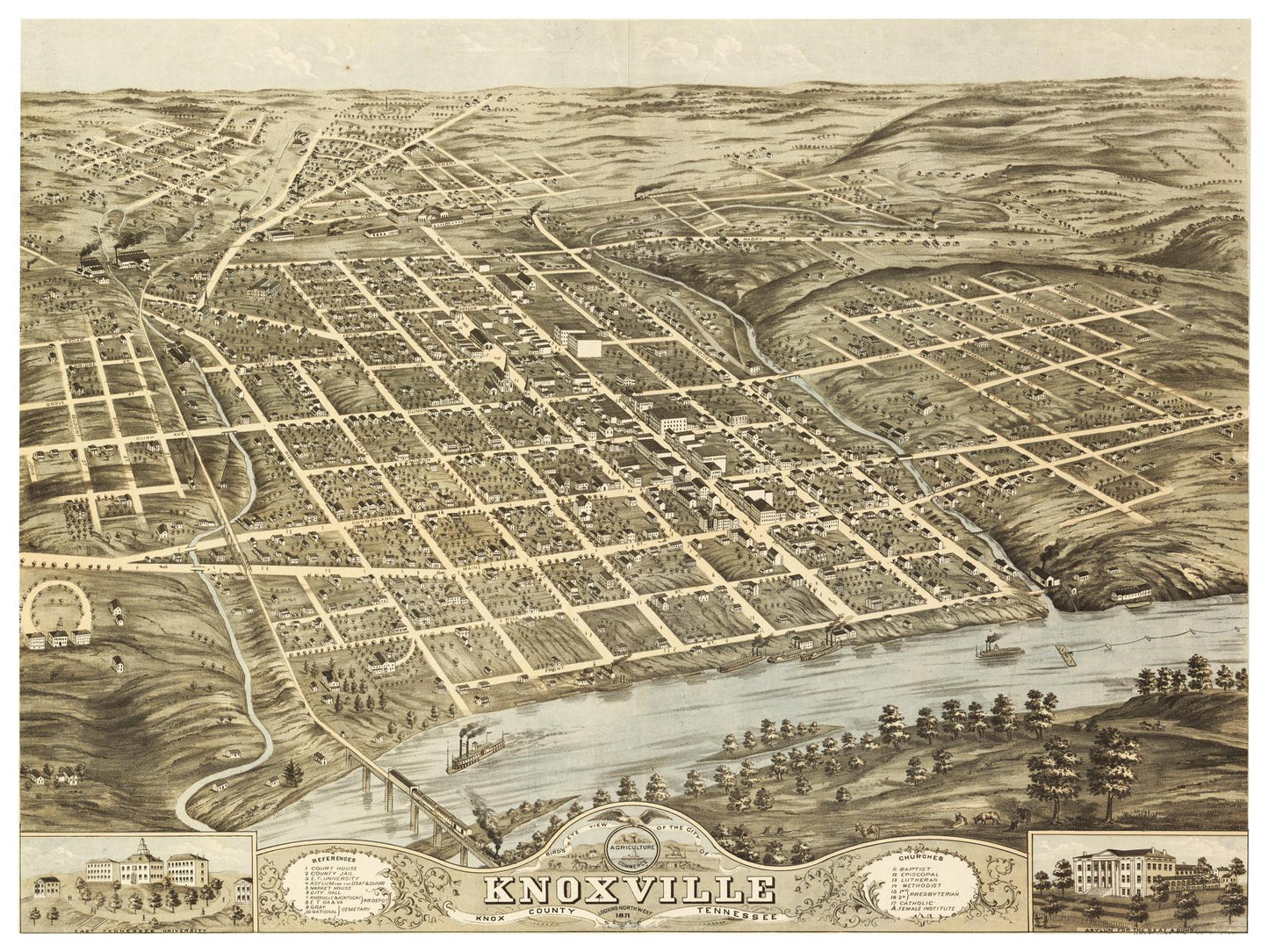 Historische Stadtansicht Knoxville um 1871