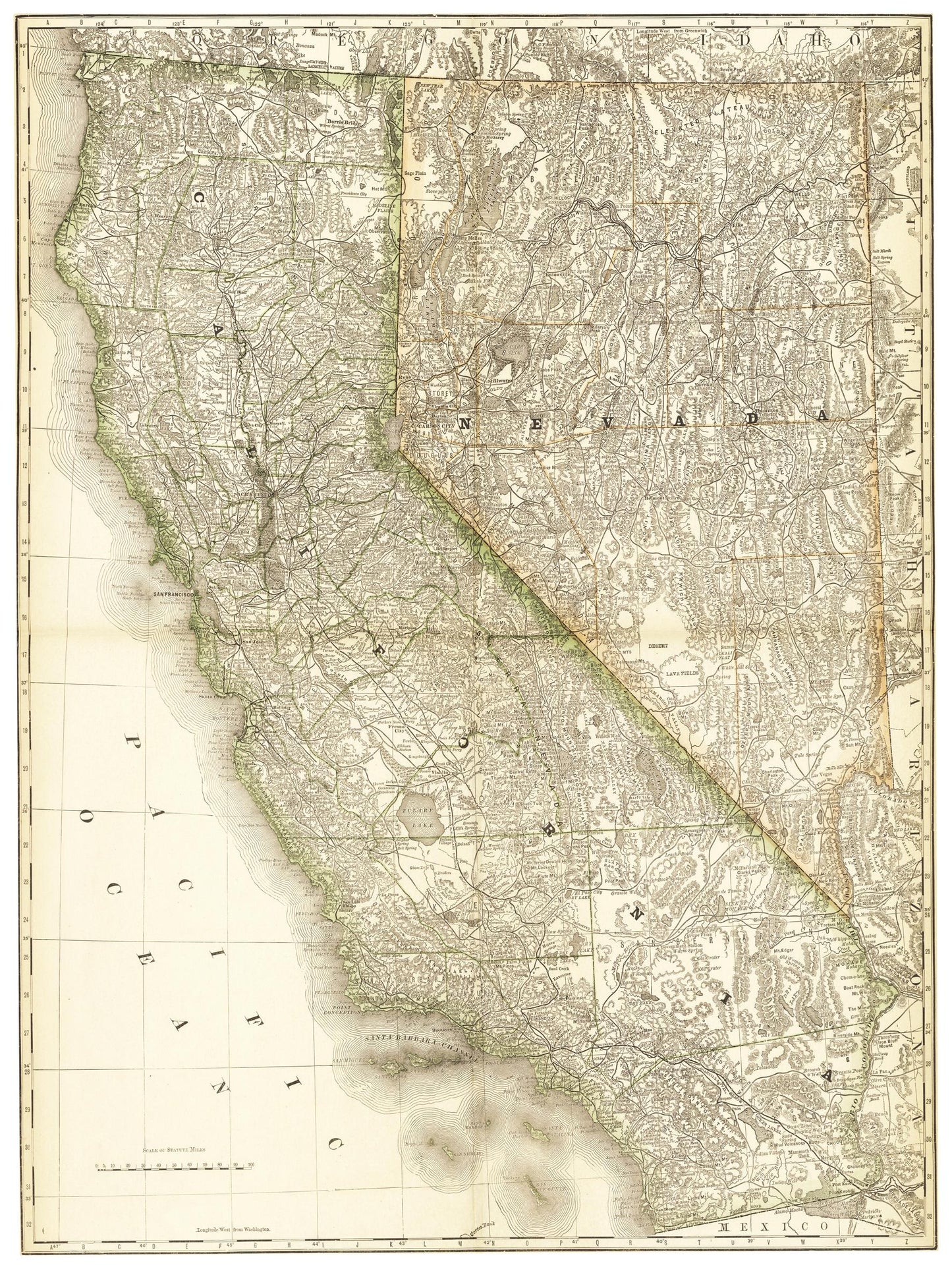 Historische Landkarte Kalifornien & Nevada um 1882