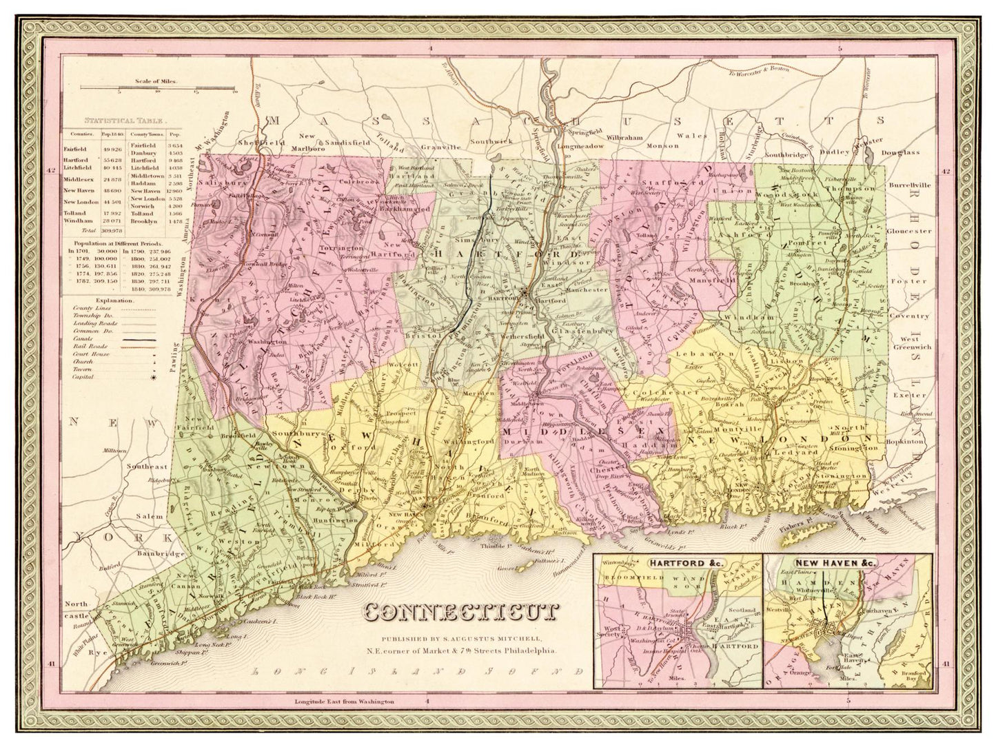 Historische Landkarte Connecticut um 1849