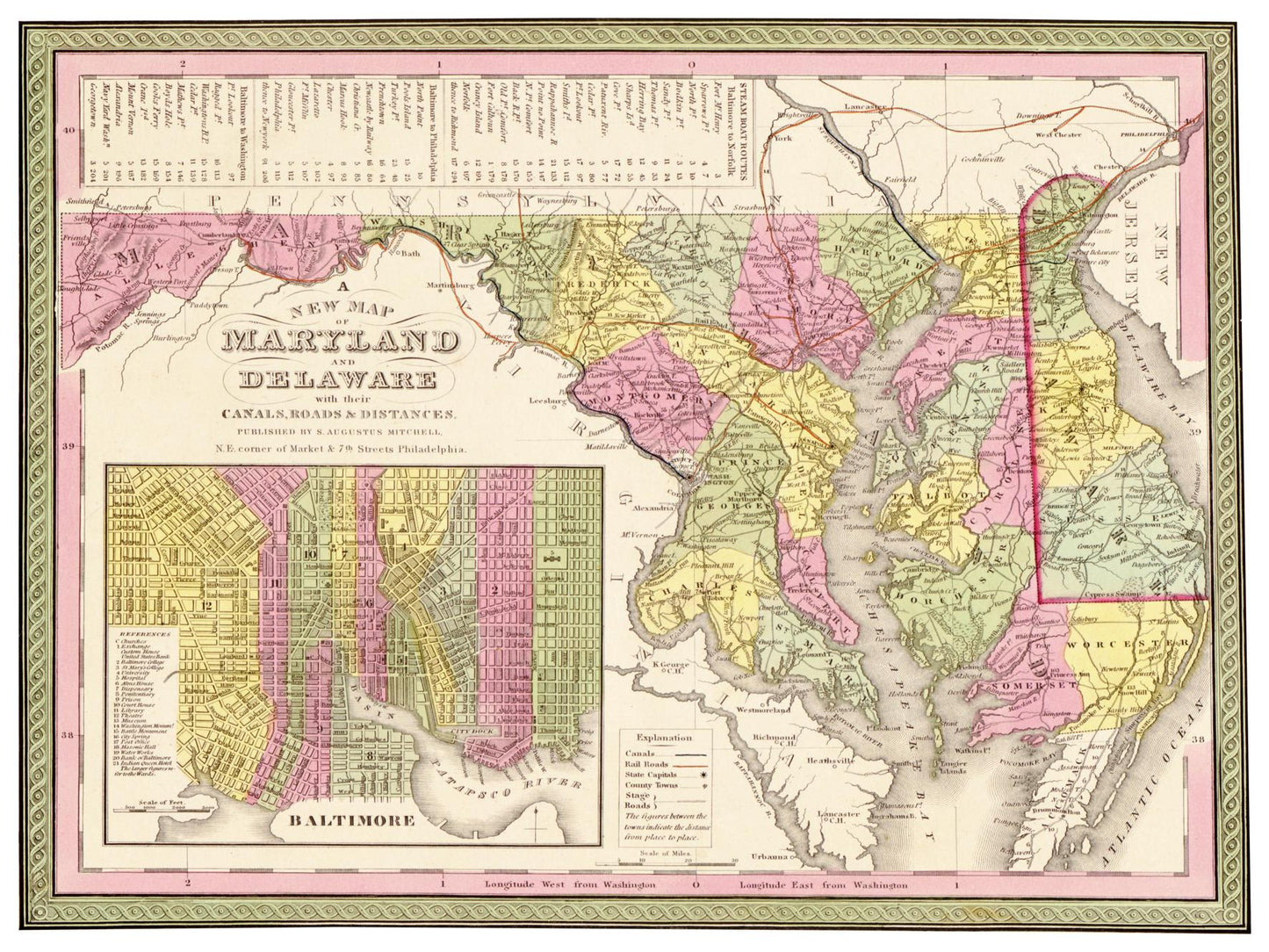 Historische Landkarte Delaware & Maryland um 1849