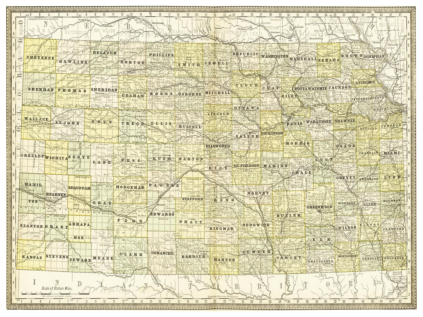 Historische Landkarte Kansas um 1882