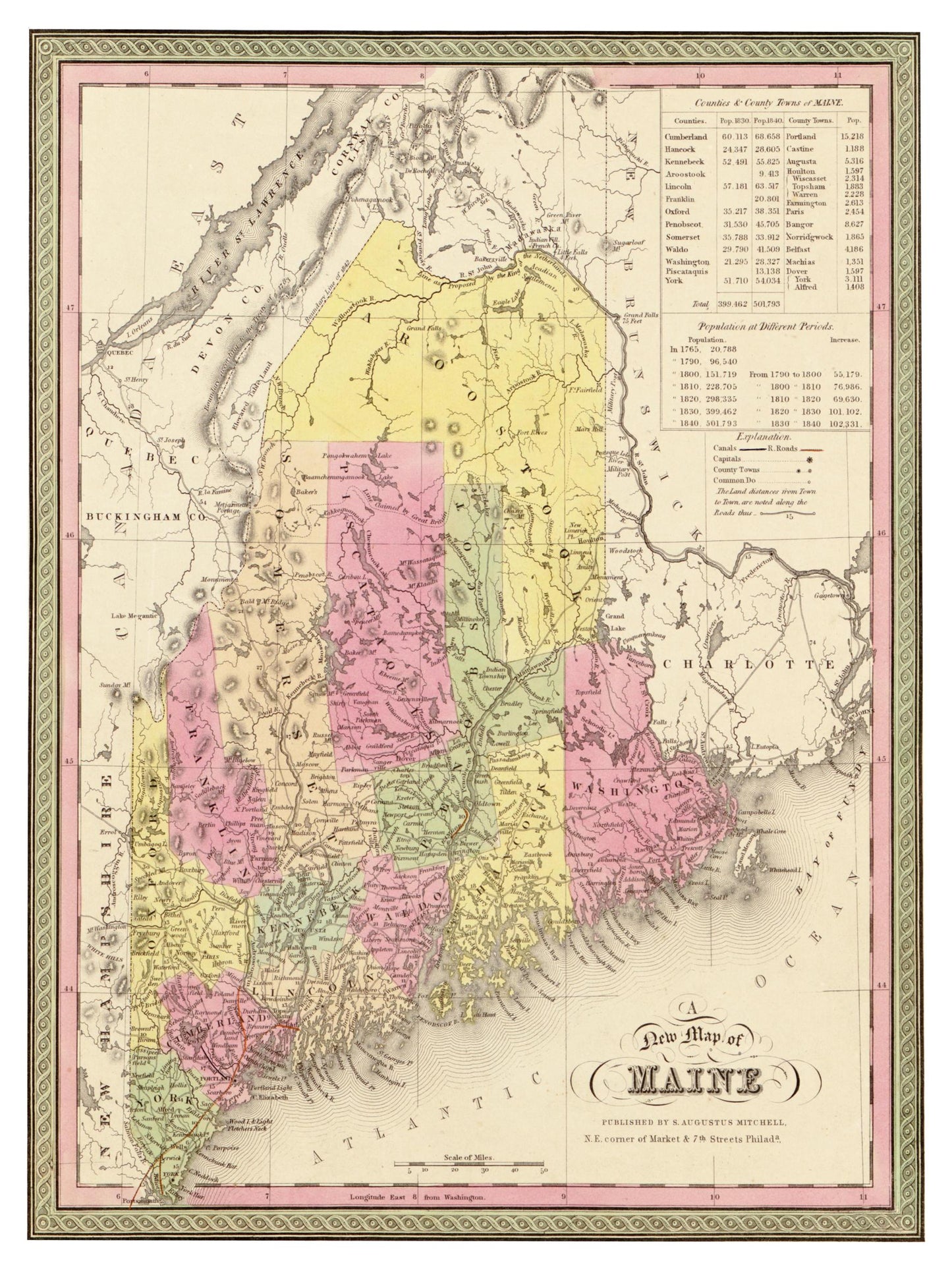 Historische Landkarte Maine um 1849