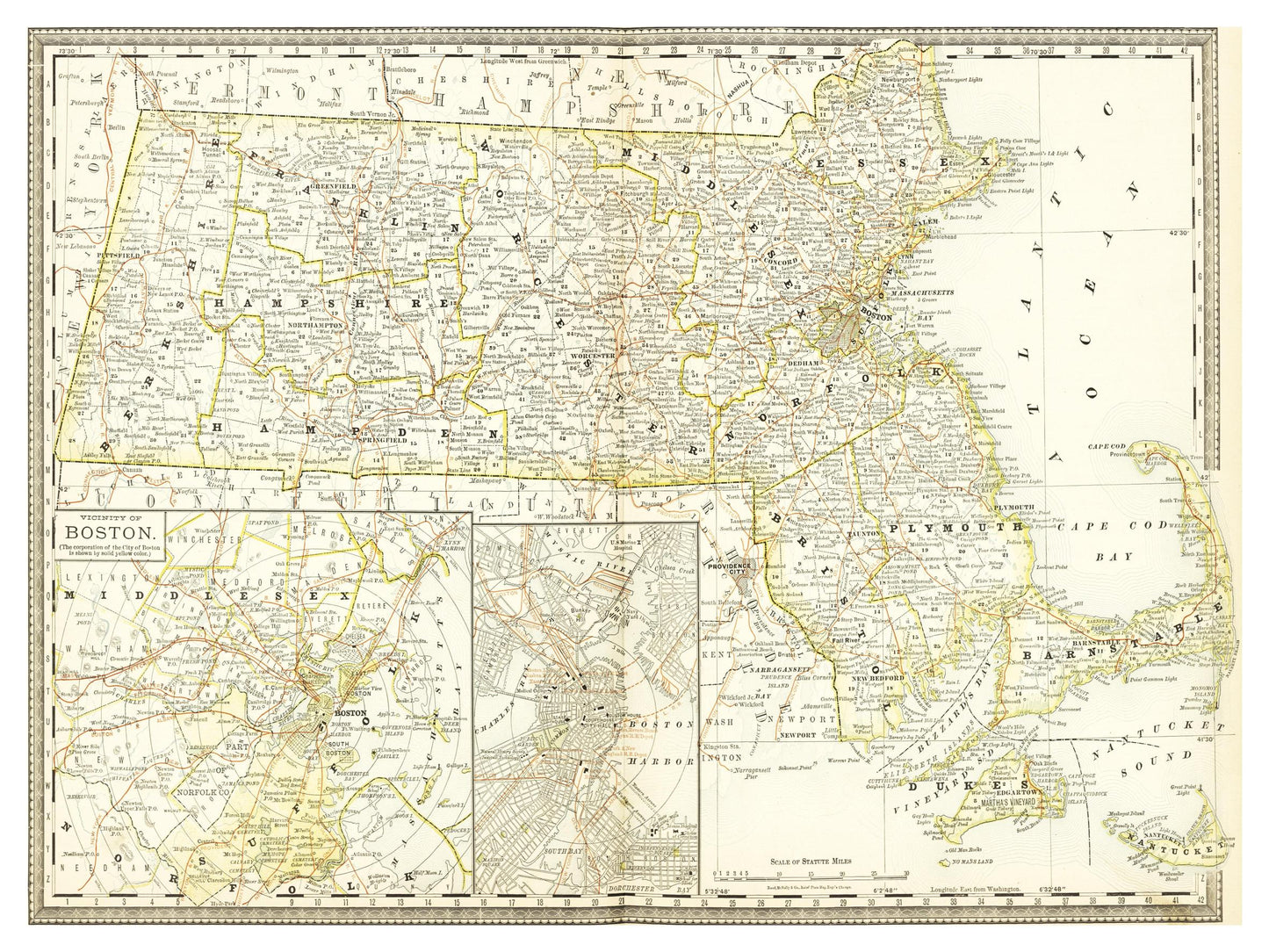 Historische Landkarte Massachusetts um 1882