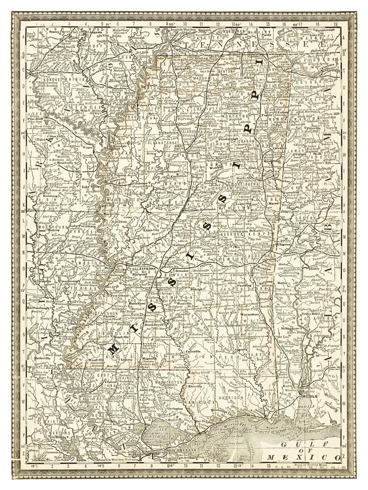 Historische Landkarte Mississippi um 1882