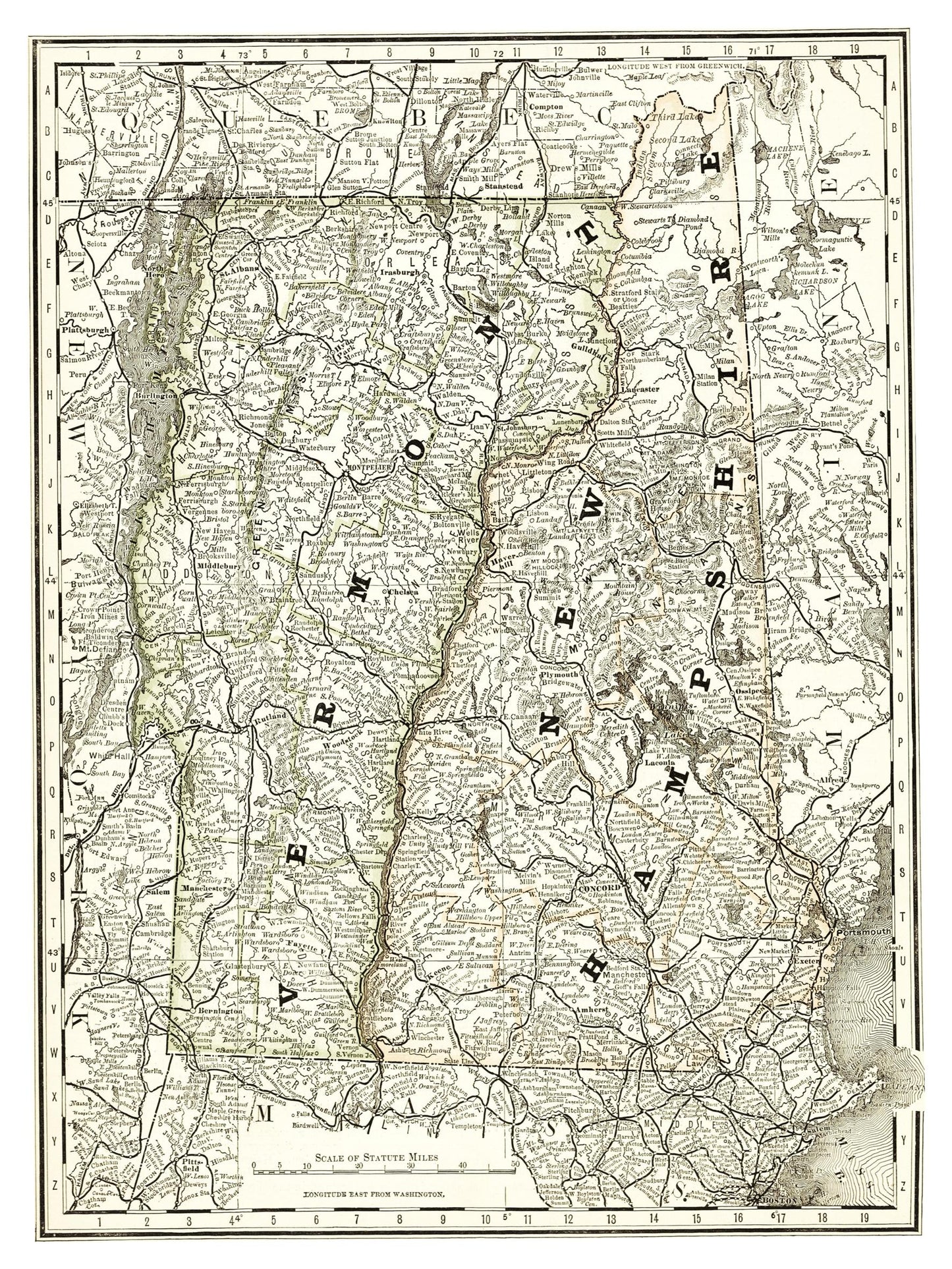Historische Landkarte New Hampshire & Vermont um 1882