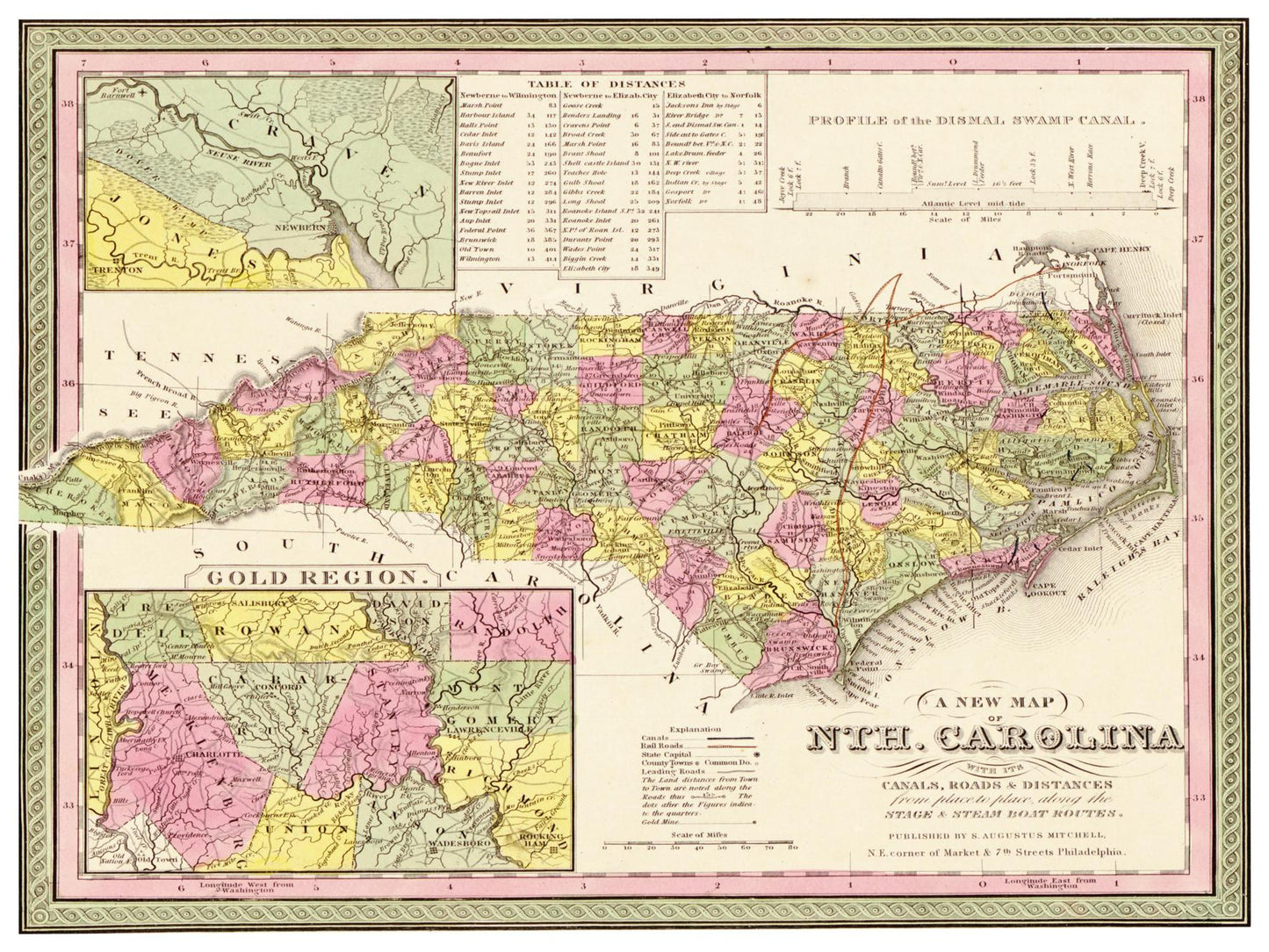 Historische Landkarte North Carolina um 1849