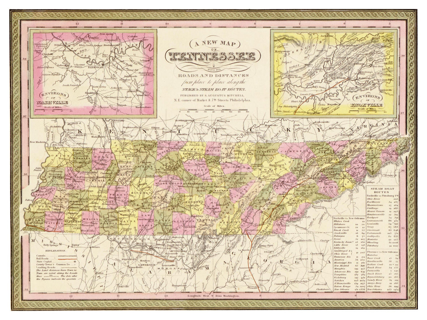 Historische Landkarte Tennessee um 1849
