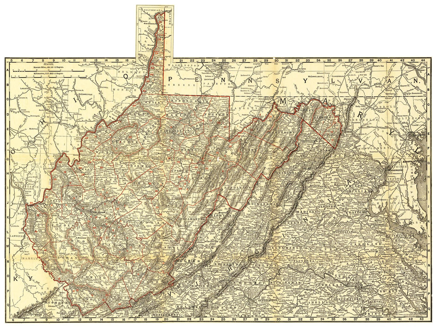 Historische Landkarte West Virginia um 1898