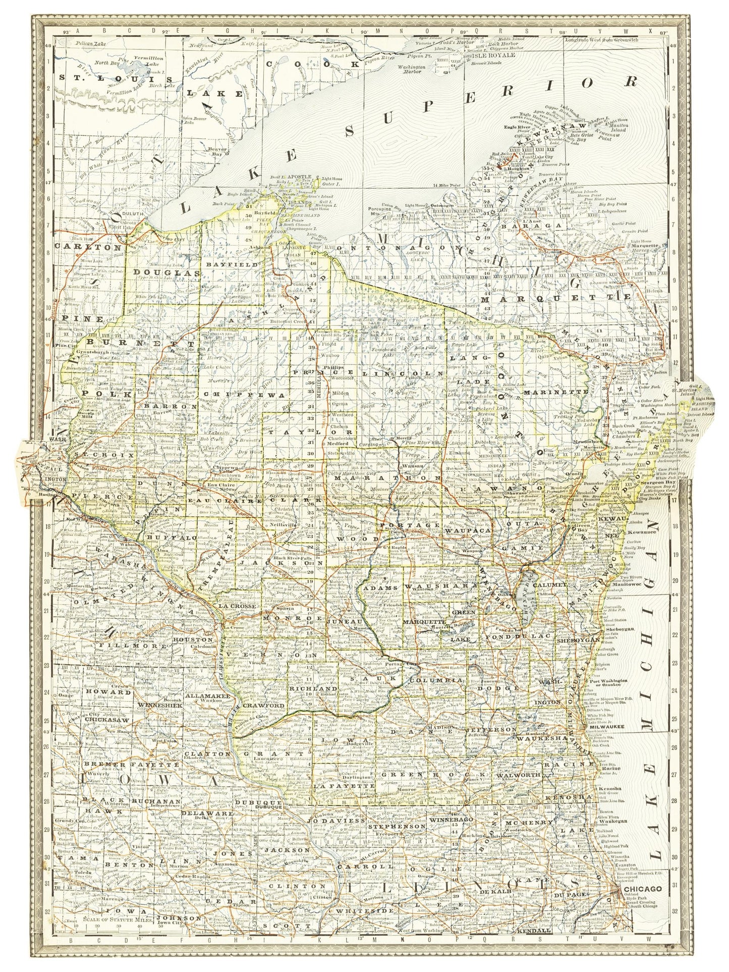 Historische Landkarte Wisconsin um 1882