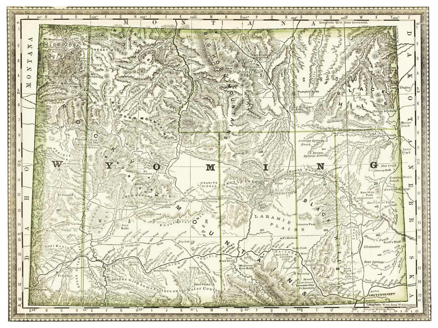 Historische Landkarte Wyoming um 1882