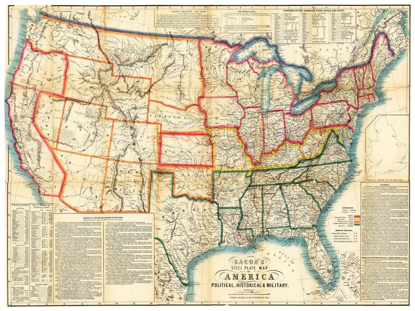 Historische Landkarte USA um 1863