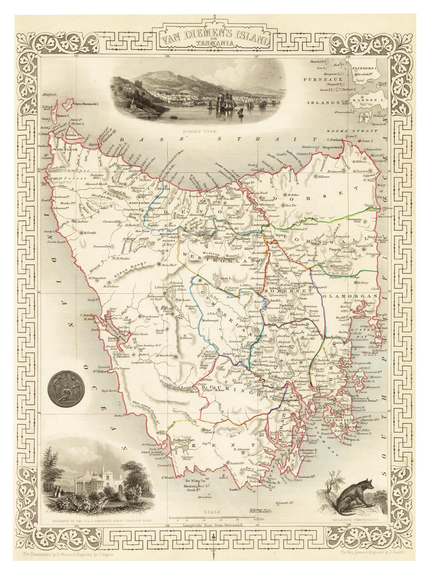 Historische Landkarte Tasmanien um 1850