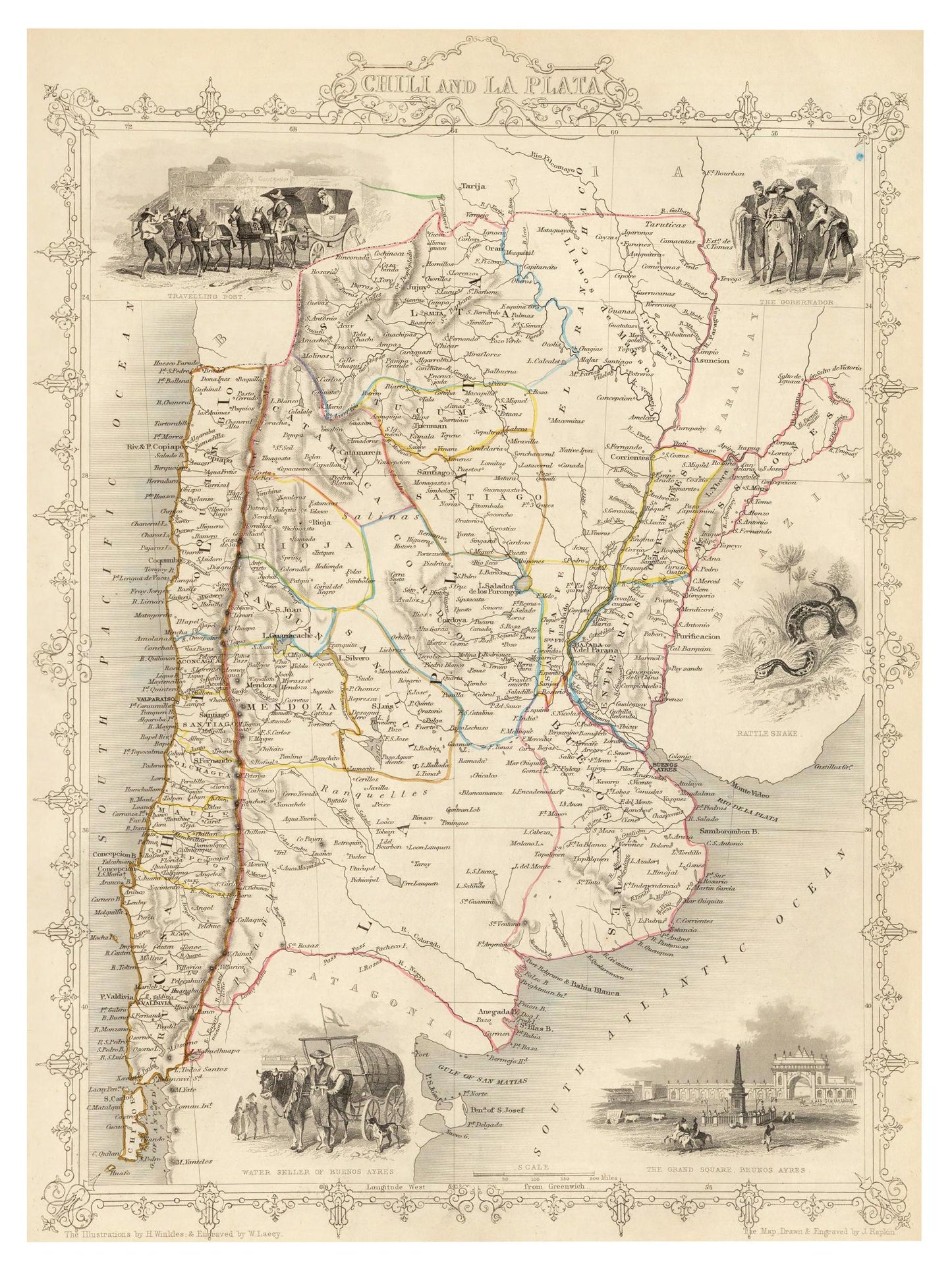 Historische Landkarte Argentinien & Chile um 1850