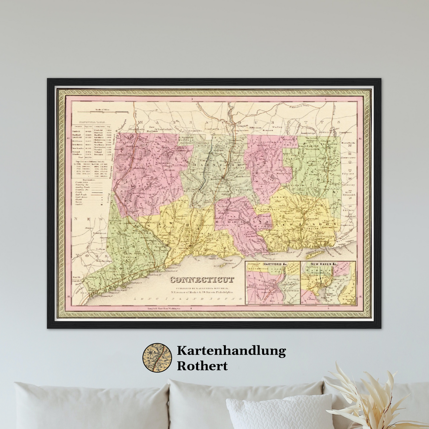 Historische Landkarte Connecticut um 1849