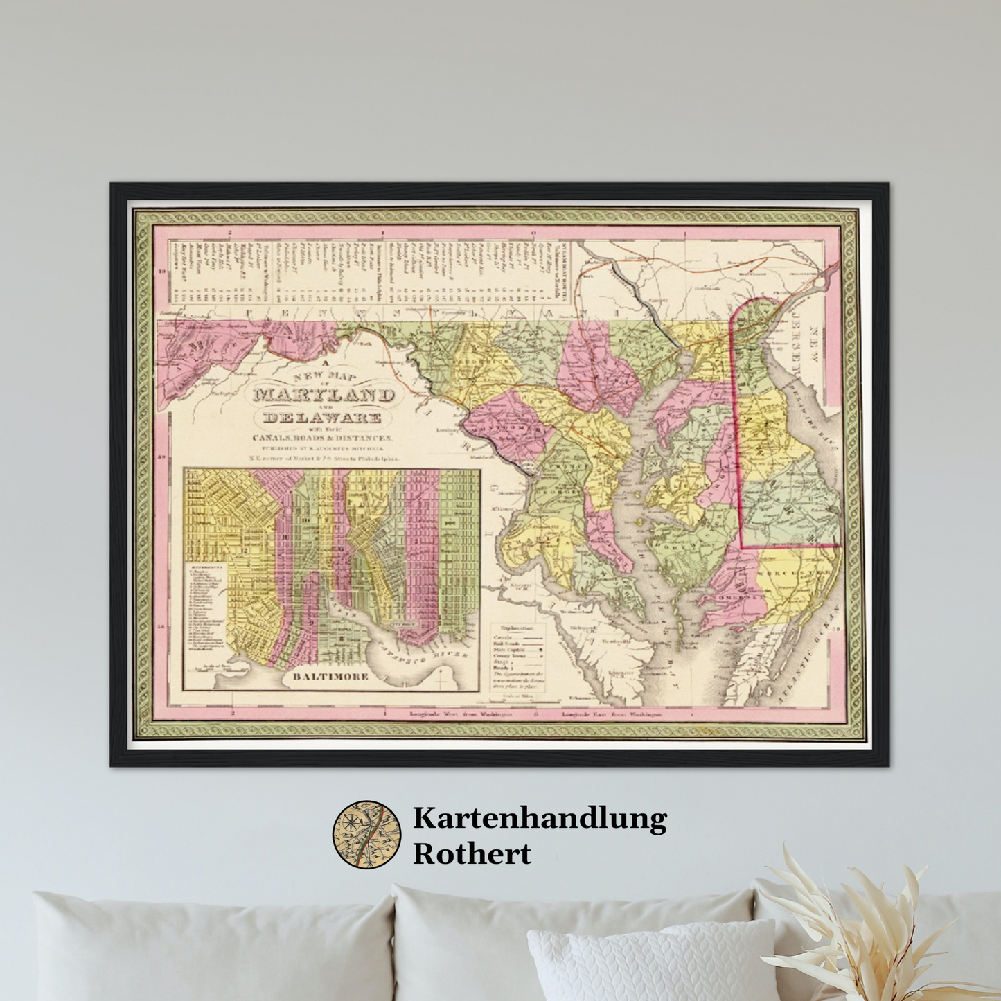 Historische Landkarte Delaware & Maryland um 1849
