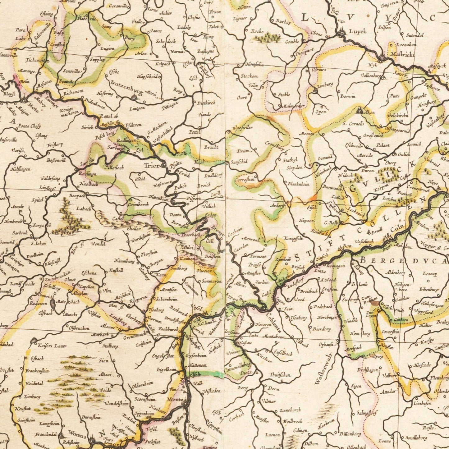 Historische Landkarte Lauf des Rhein um 1635