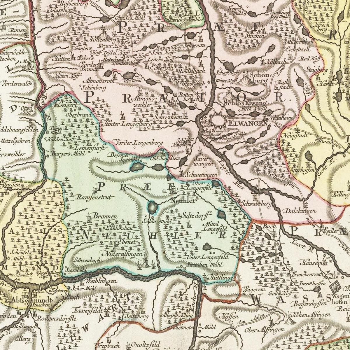 Historische Landkarte Ellwangen um 1750