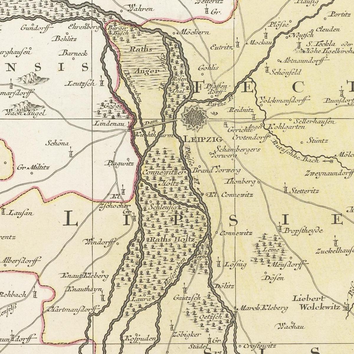 Historische Landkarte Leipzig um 1750