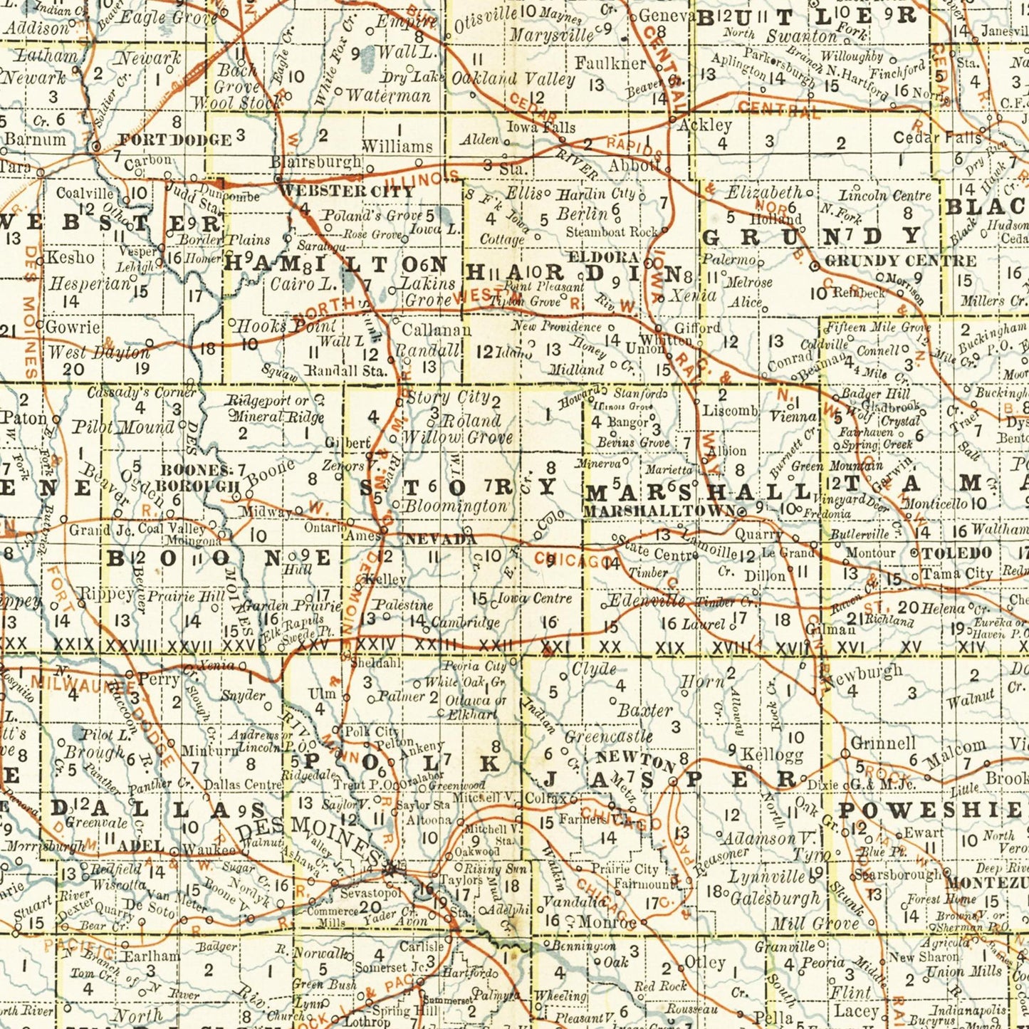 Historische Landkarte Iowa um 1882