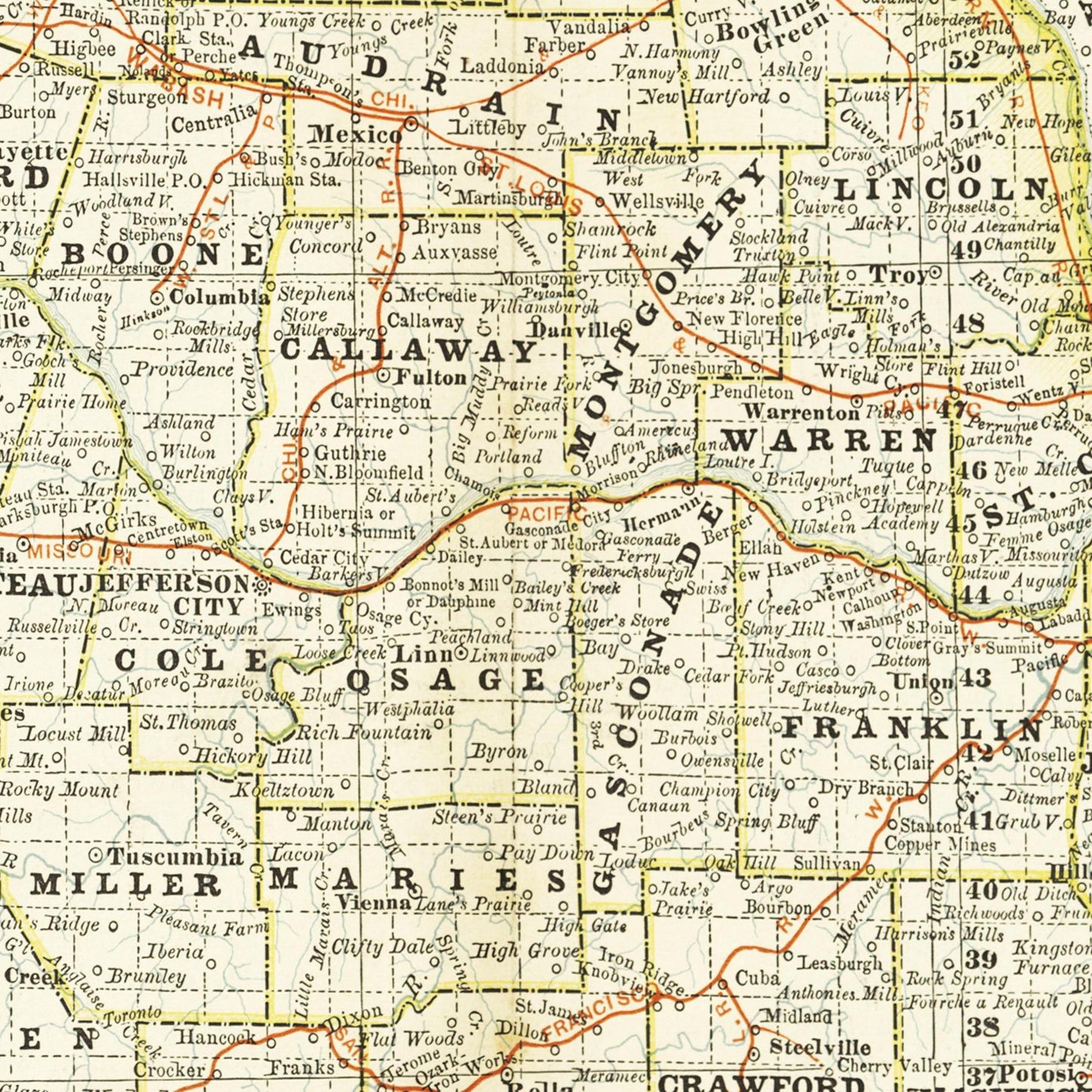 Historische Landkarte Missouri um 1882