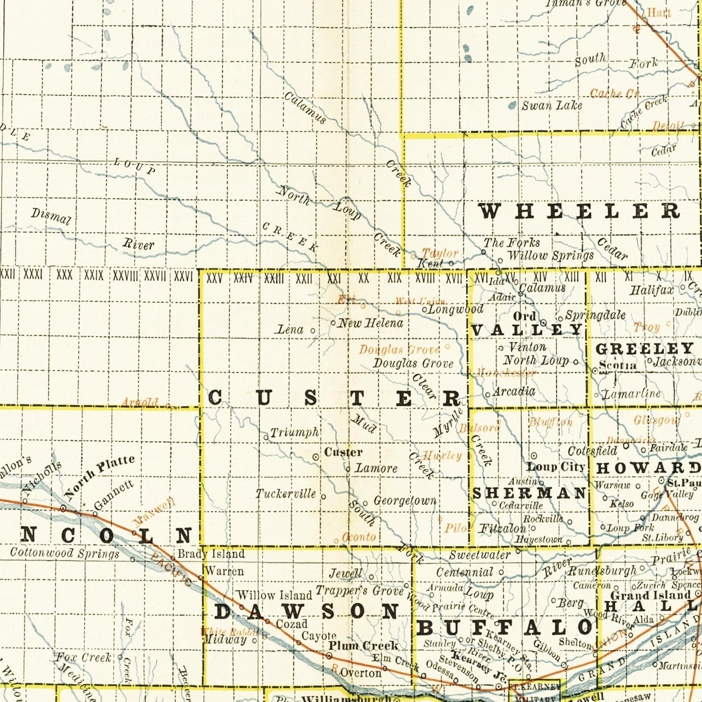 Historische Landkarte Nebraska um 1882