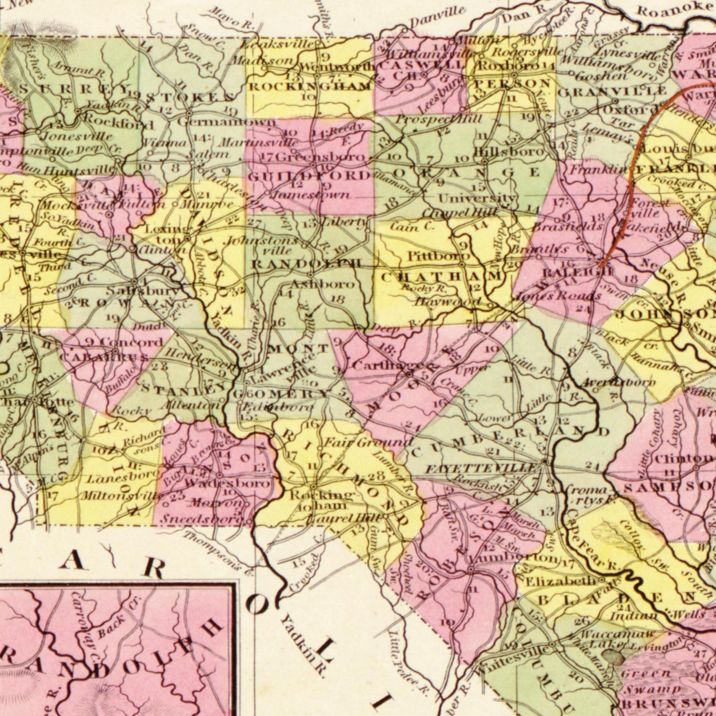 Historische Landkarte North Carolina um 1849