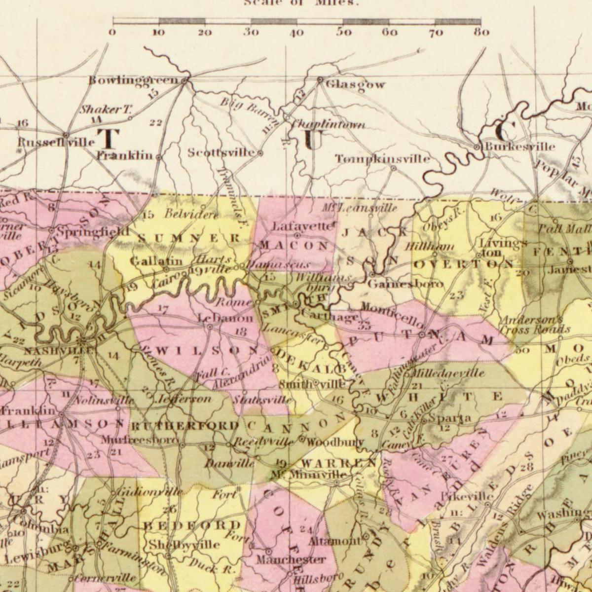 Historische Landkarte Tennessee um 1849