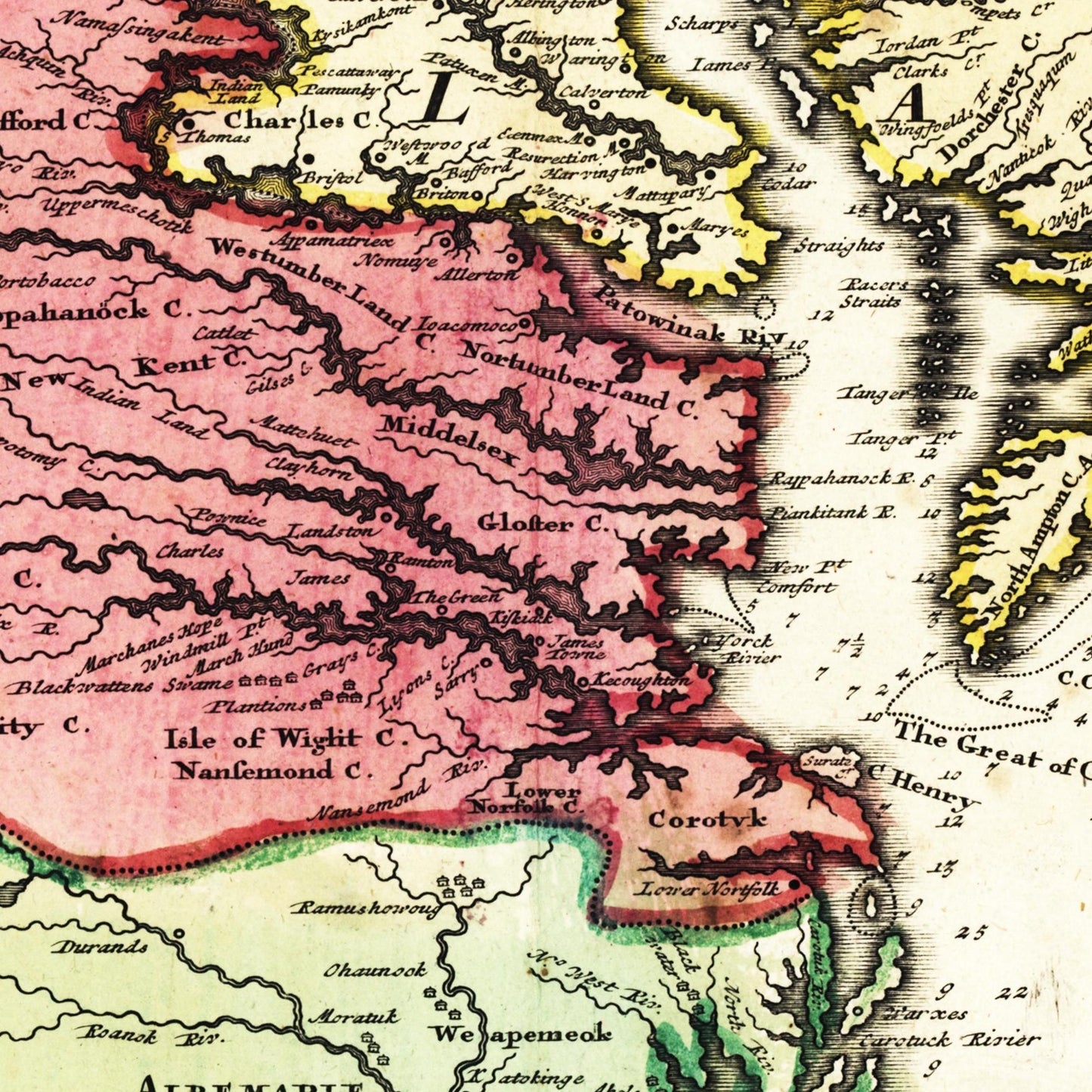Historische Landkarte Kolonie Virginia um 1750