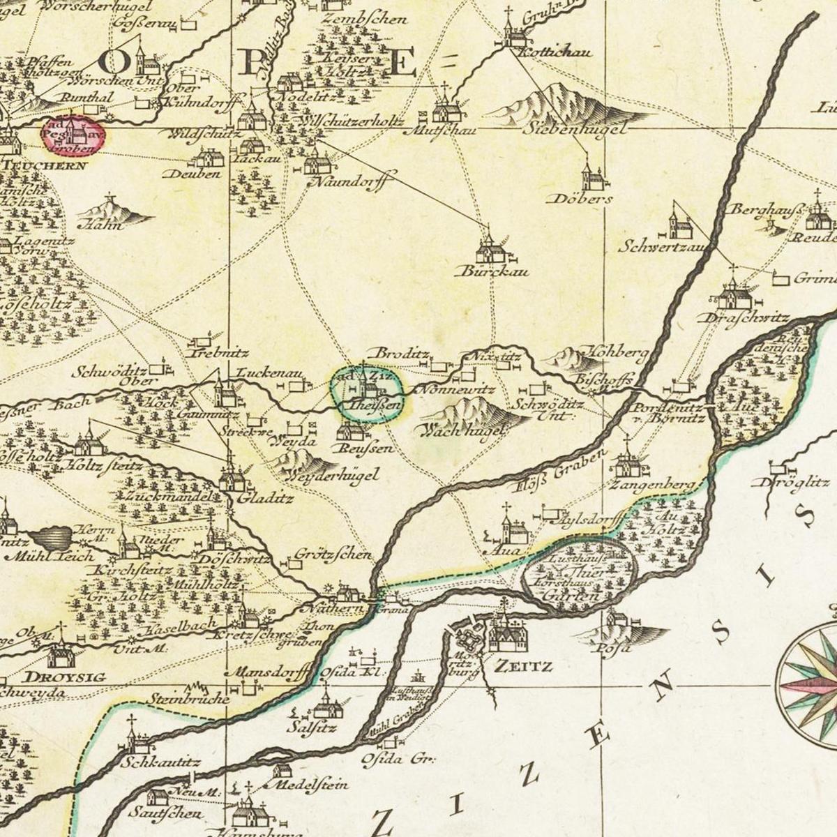 Historische Landkarte Teuchern um 1750