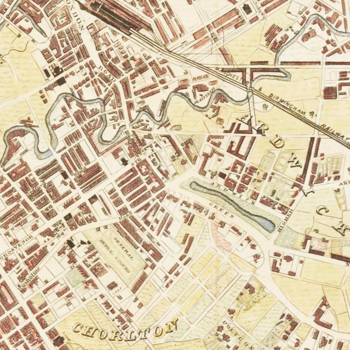 Historischer Stadtplan Manchester um 1844