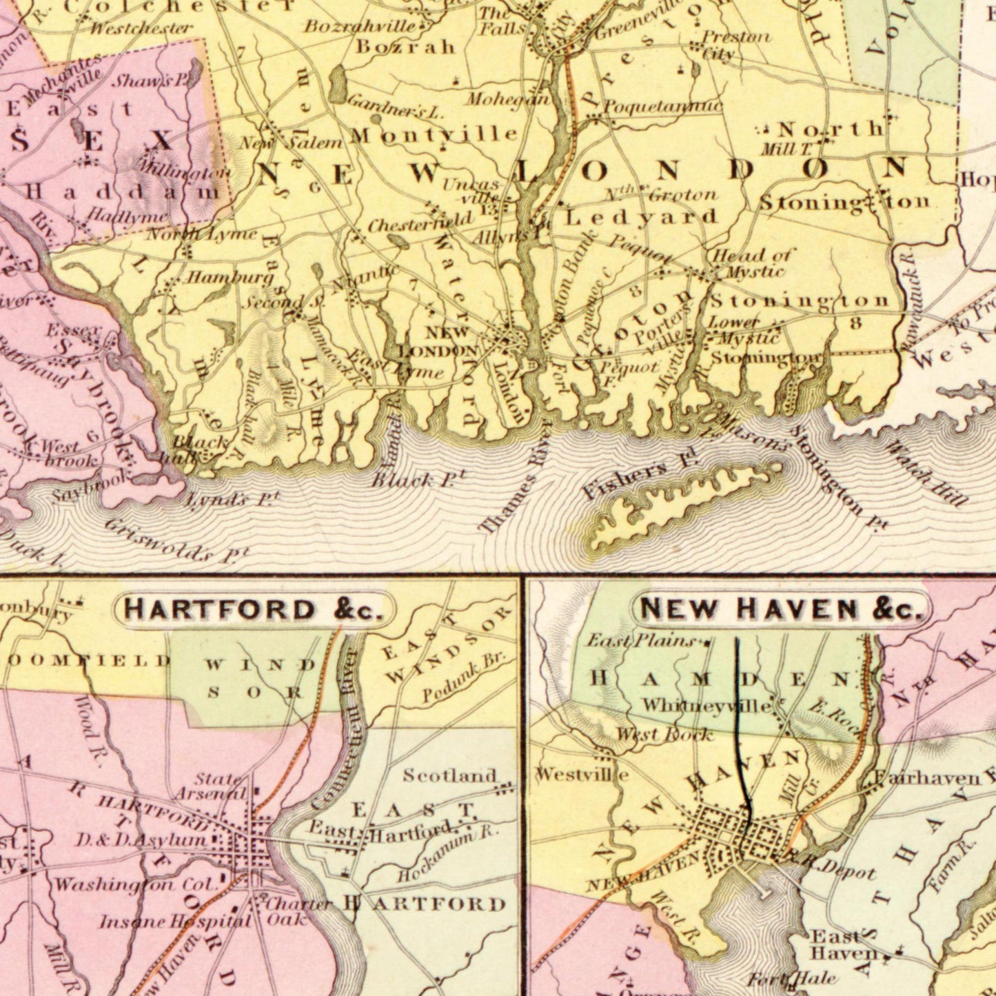 Historische Landkarte Connecticut um 1849