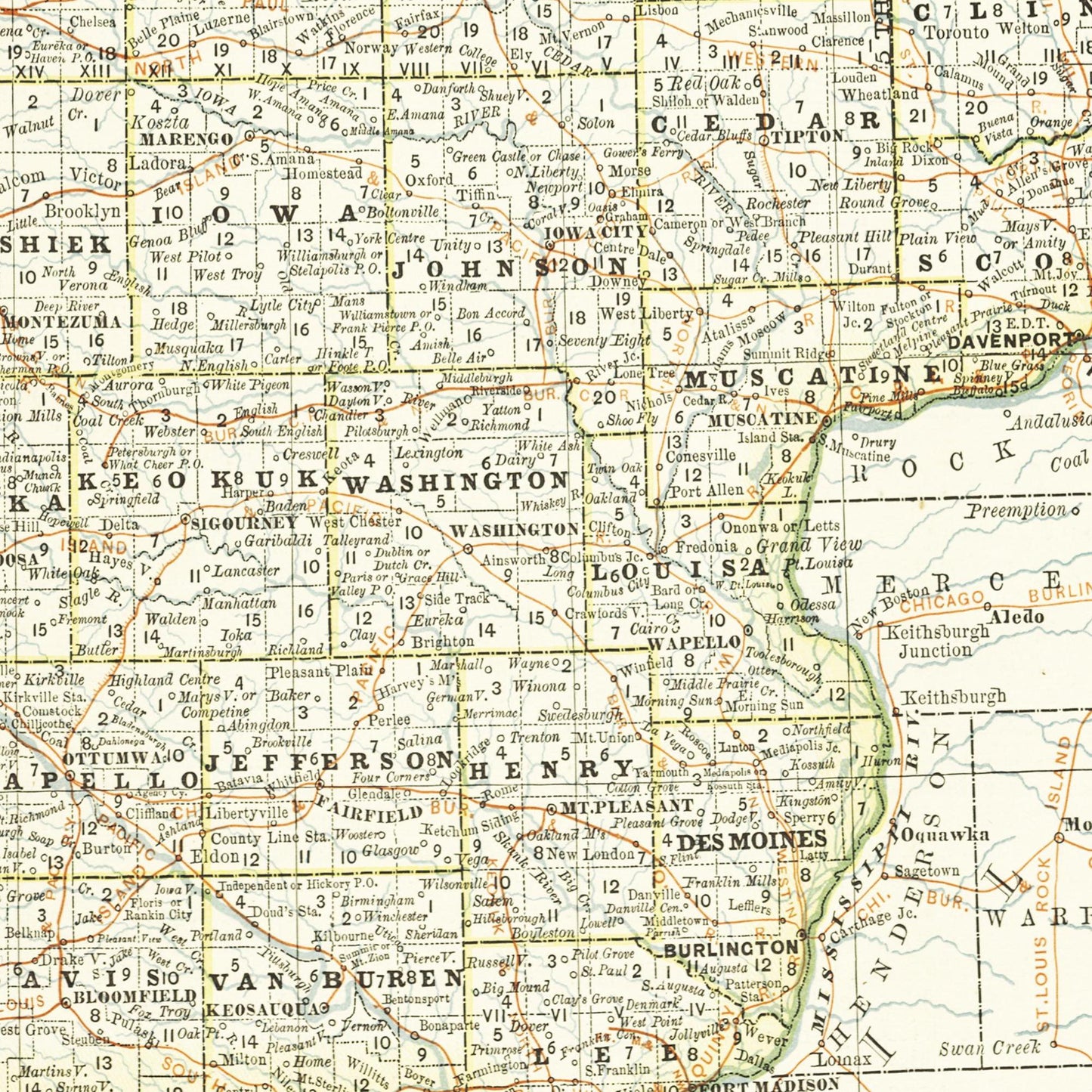 Historische Landkarte Iowa um 1882
