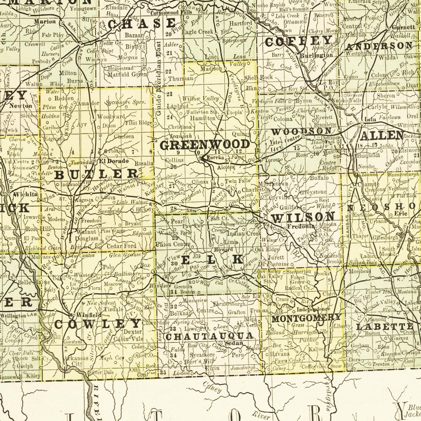 Historische Landkarte Kansas um 1882