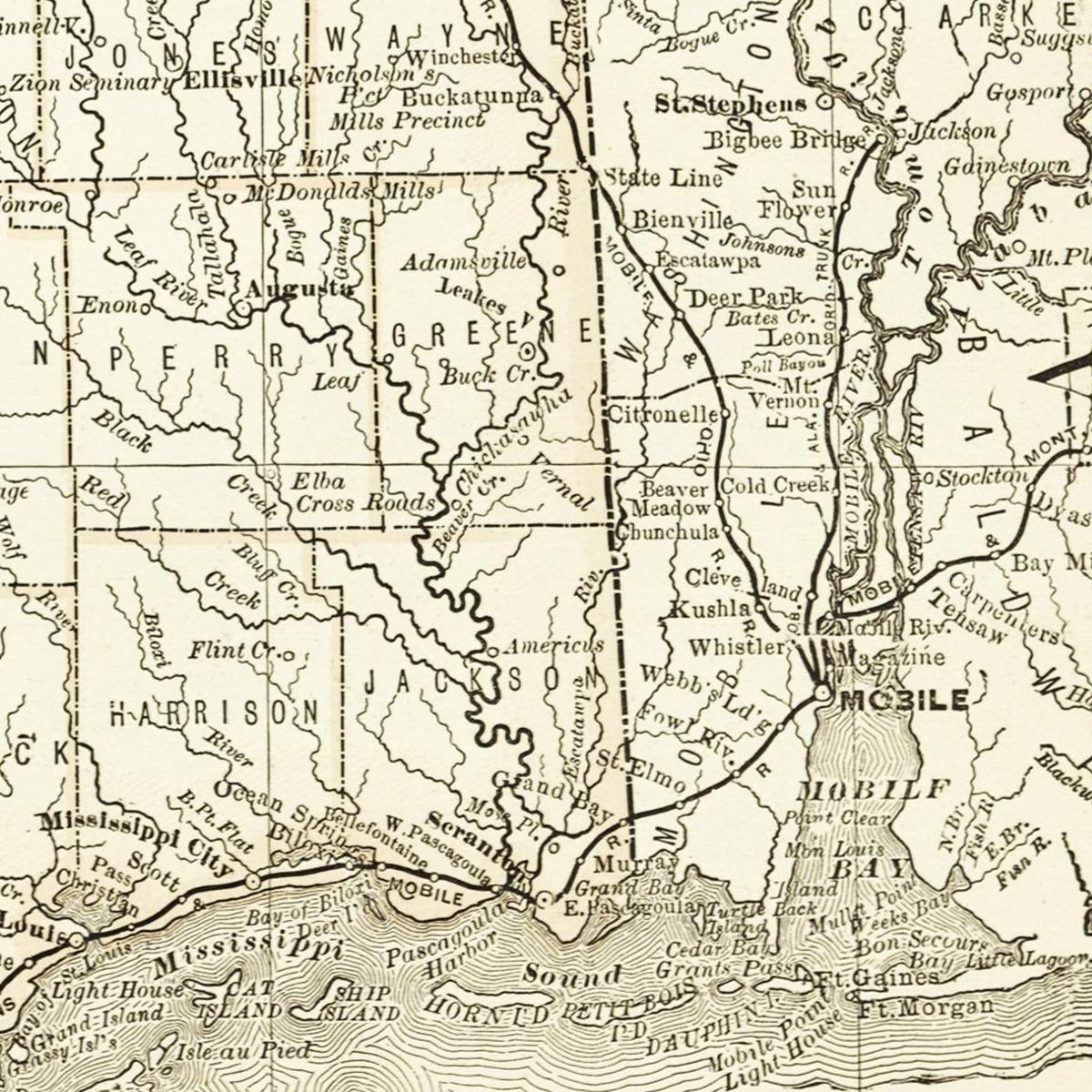 Historische Landkarte Mississippi um 1882