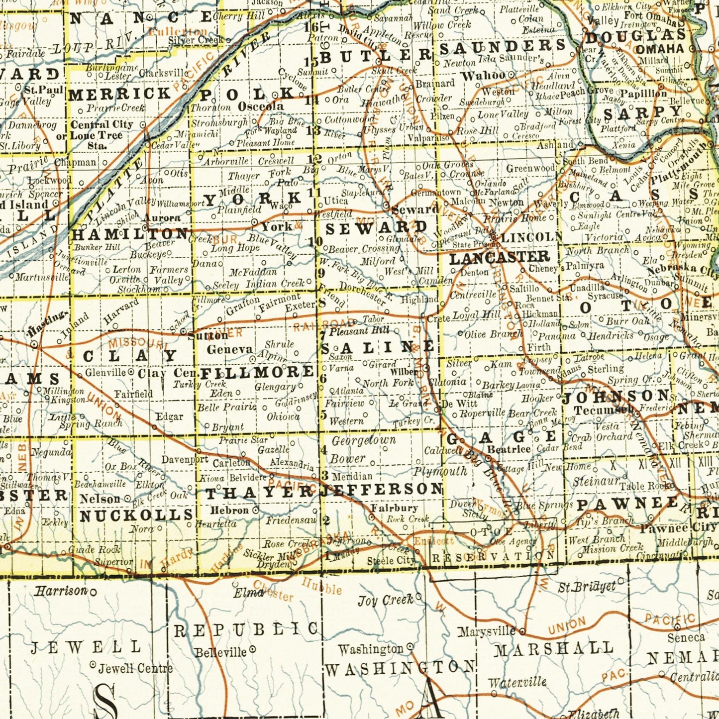 Historische Landkarte Nebraska um 1882