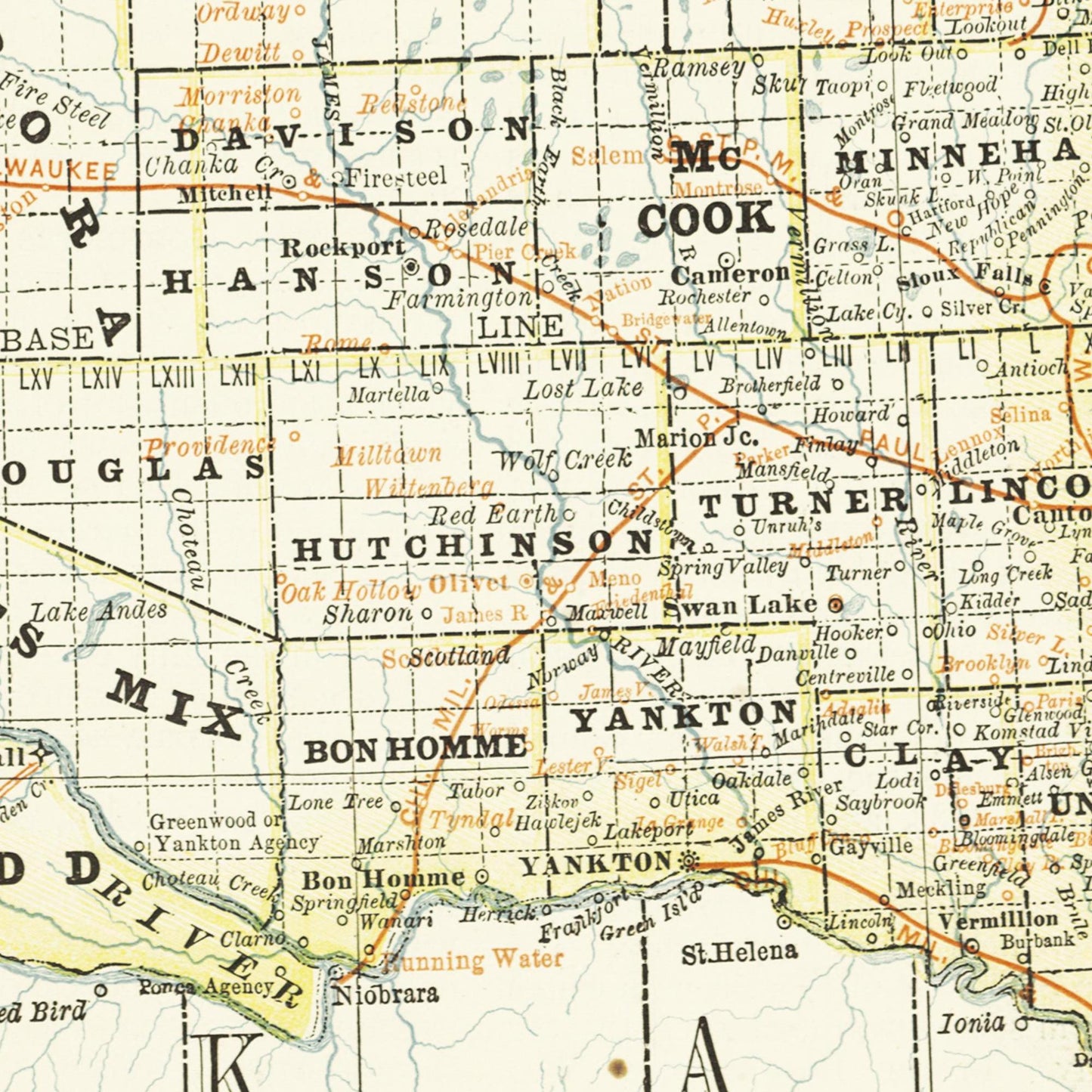 Historische Landkarte South Dakota um 1882