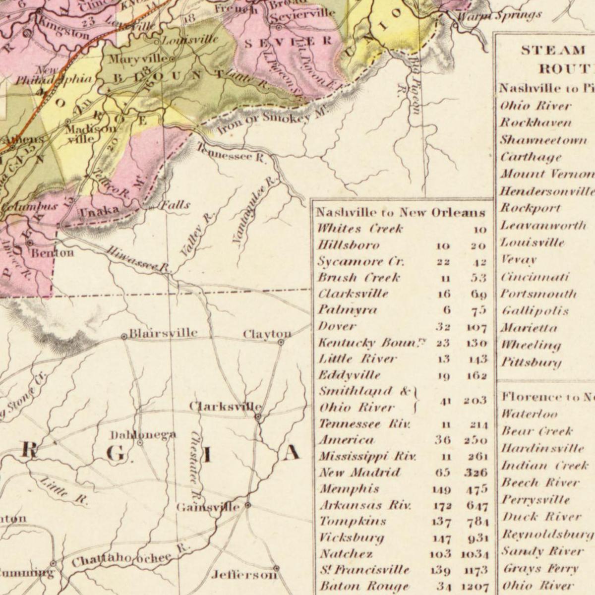 Historische Landkarte Tennessee um 1849