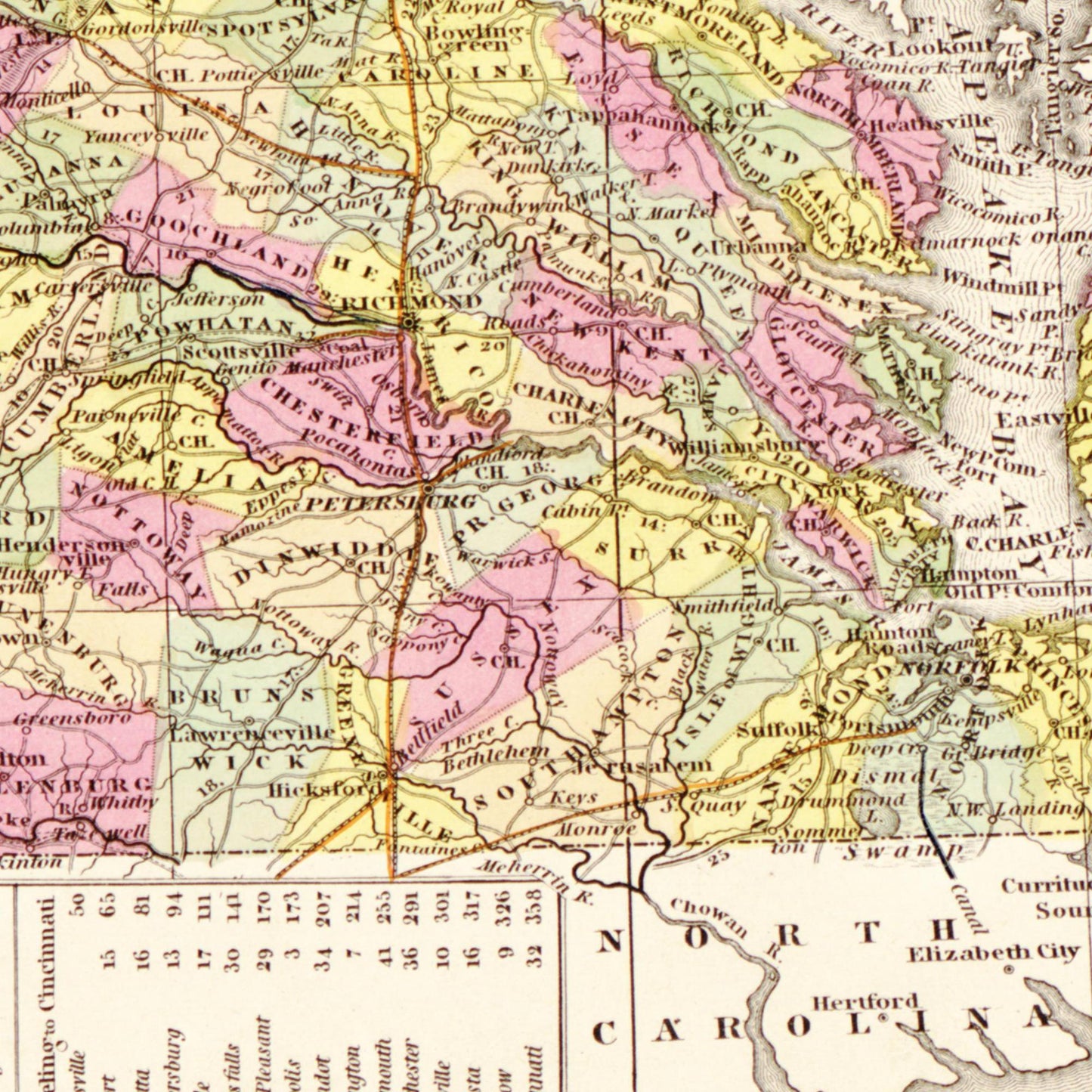 Historische Landkarte Virginia um 1849