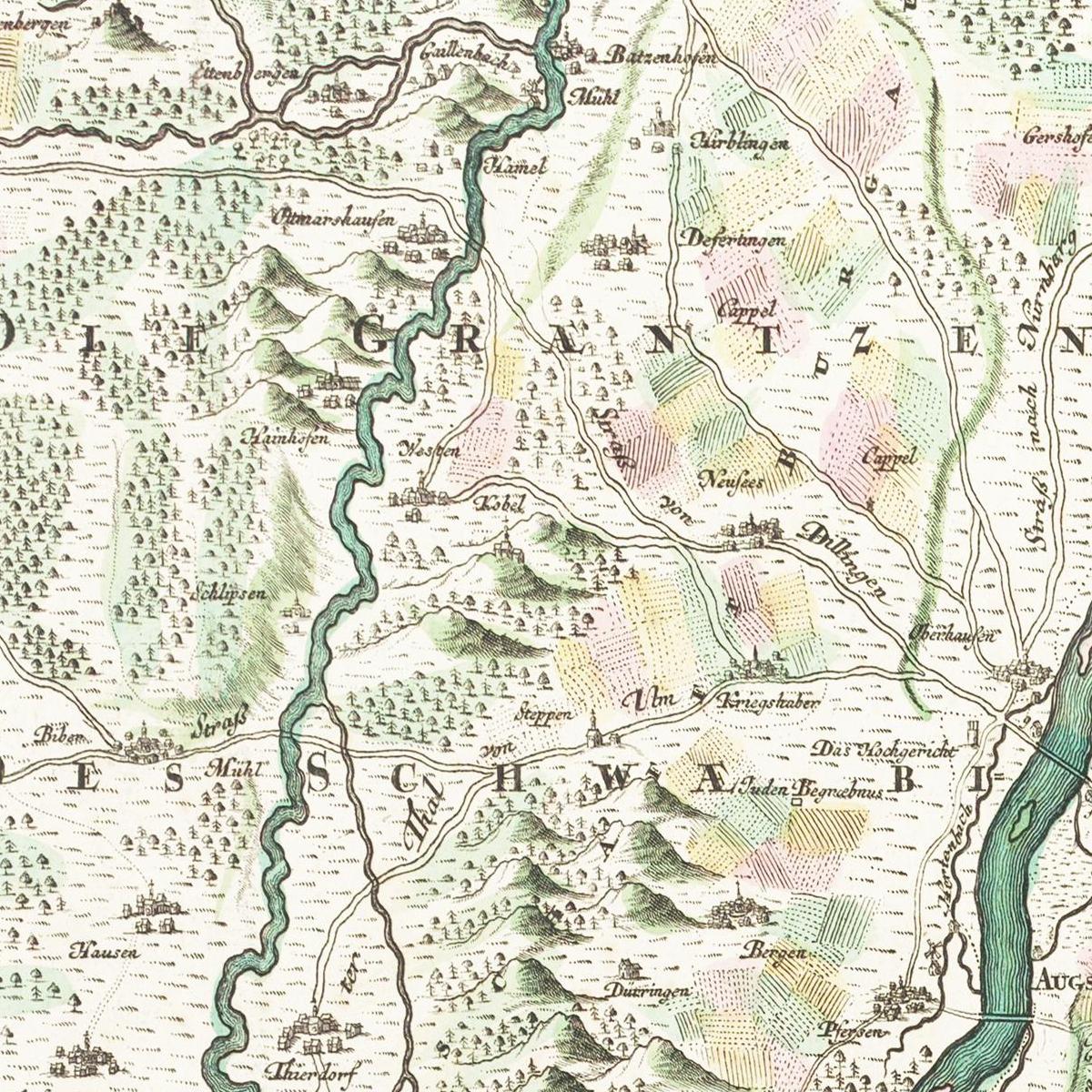 Historische Landkarte Augsburg um 1750