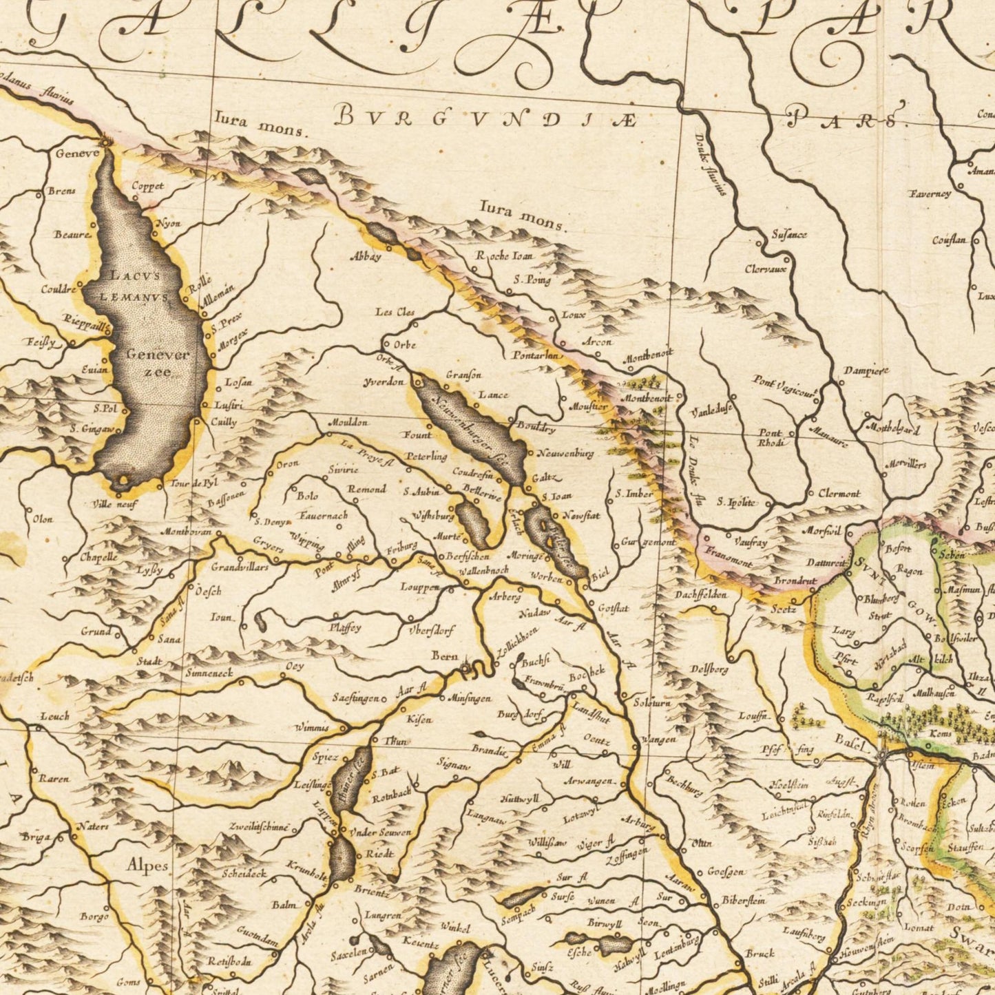Historische Landkarte Lauf des Rhein um 1635