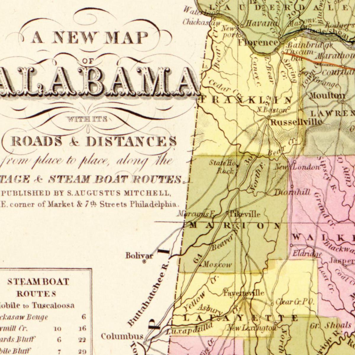 Historische Landkarte Alabama um 1849