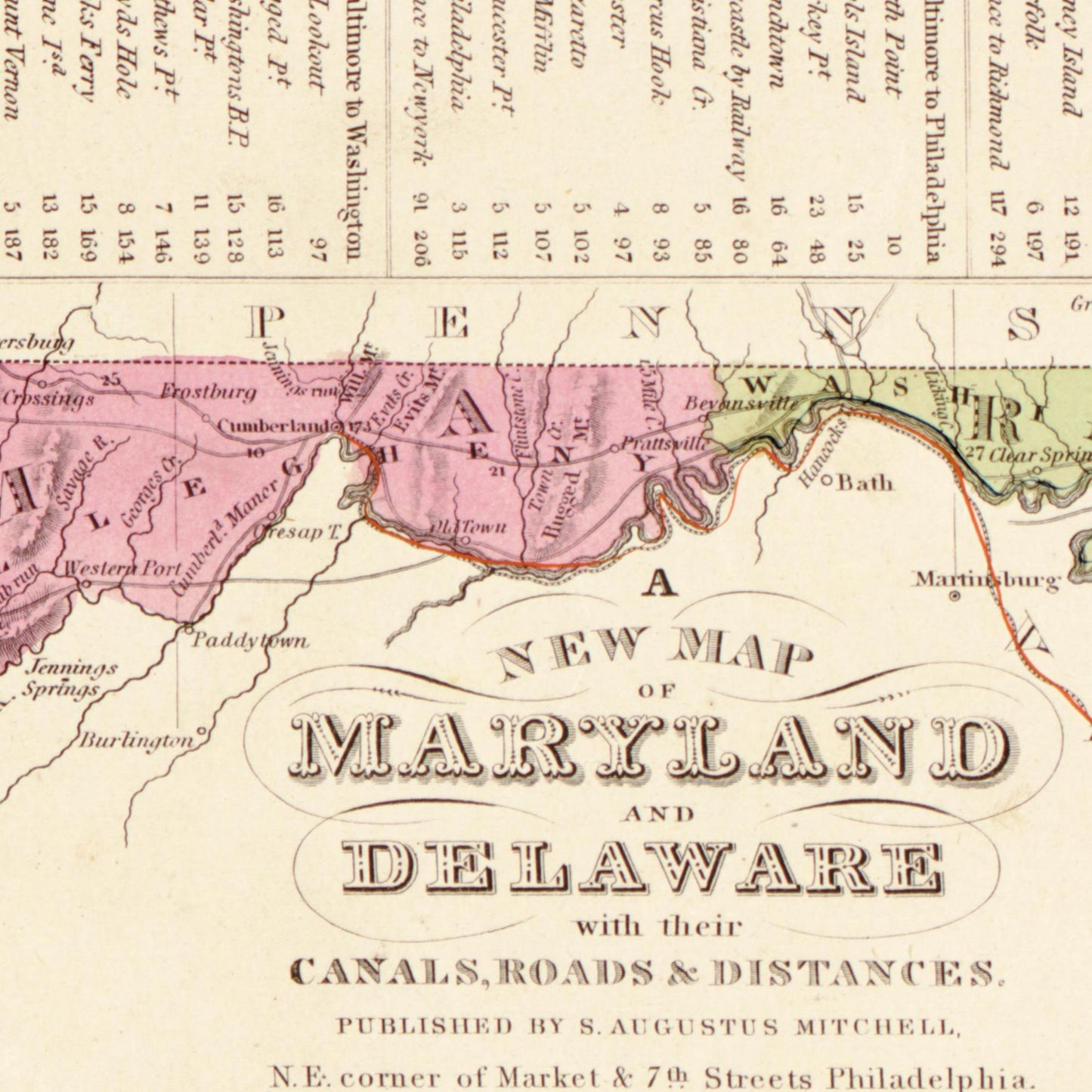 Historische Landkarte Delaware & Maryland um 1849