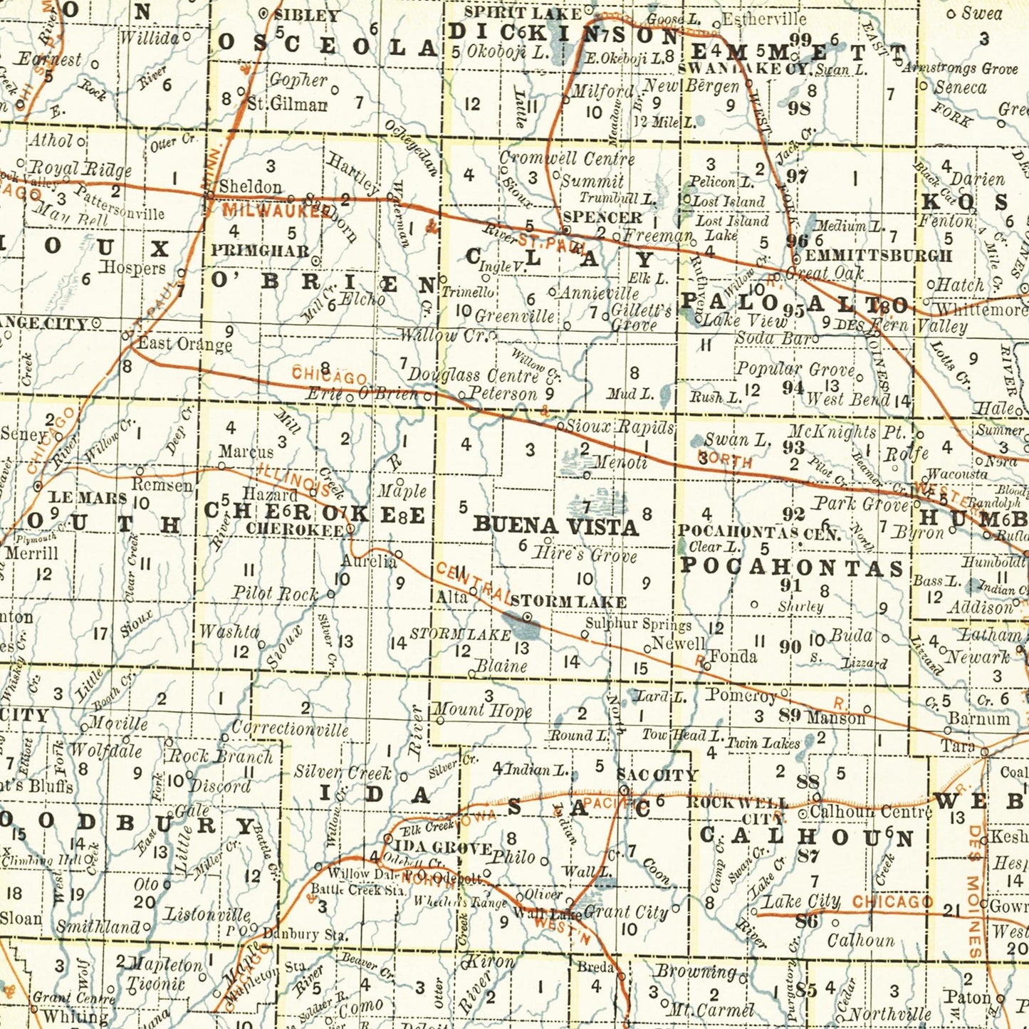 Historische Landkarte Iowa um 1882