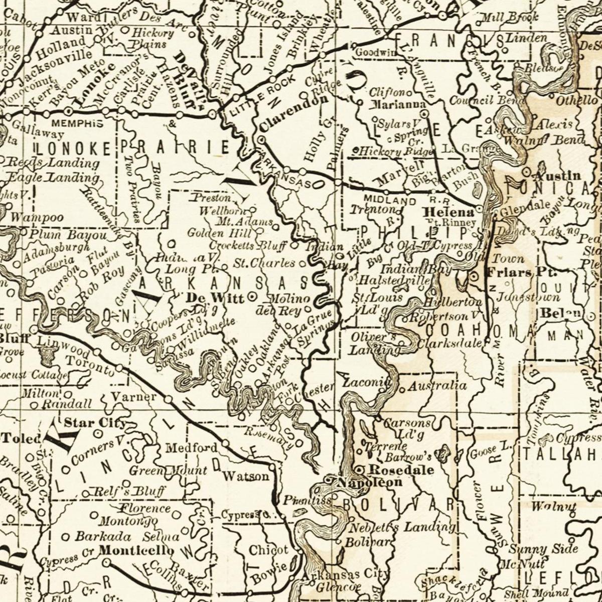 Historische Landkarte Mississippi um 1882