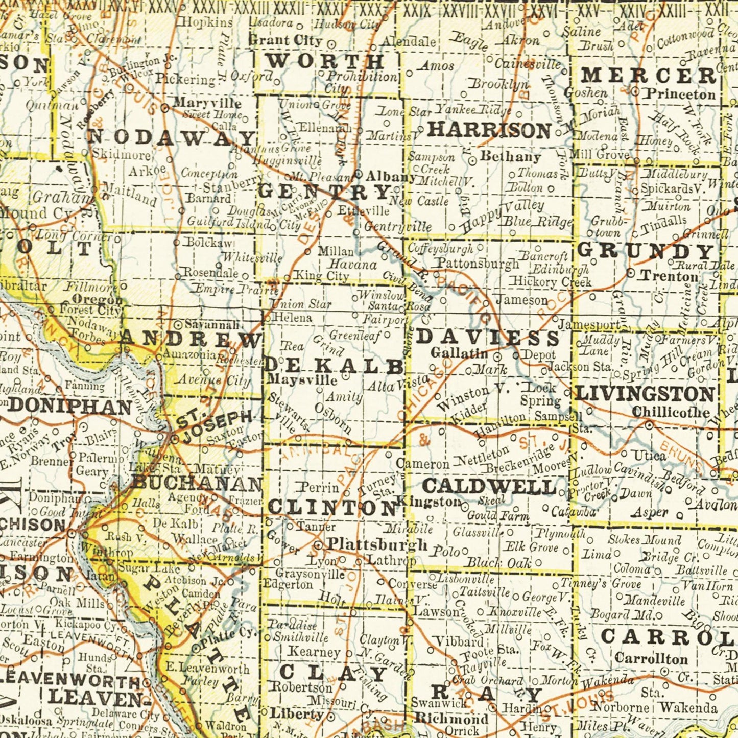 Historische Landkarte Missouri um 1882