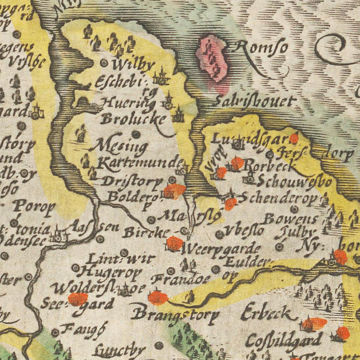 Historische Landkarte Insel Fünen um 1609